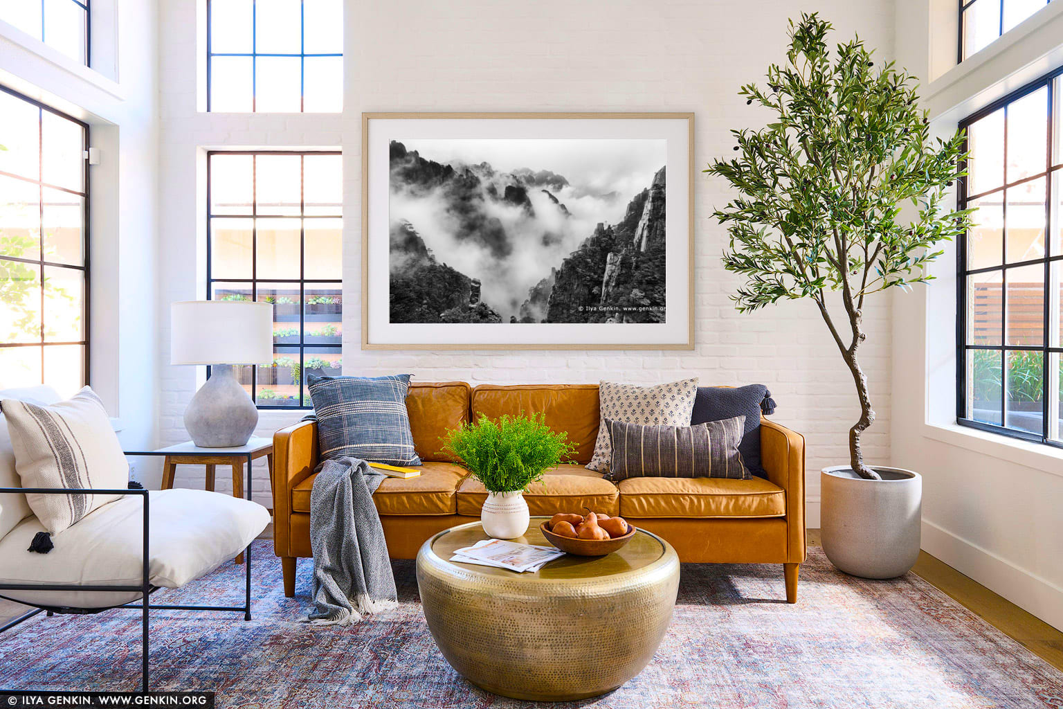 Huangshan Mountains in Clouds wall art in a modern living room interior
