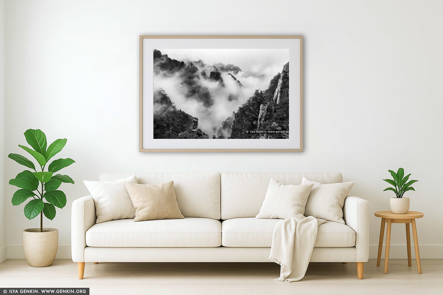 Huangshan Mountains in Clouds wall art in a luxury living room interior