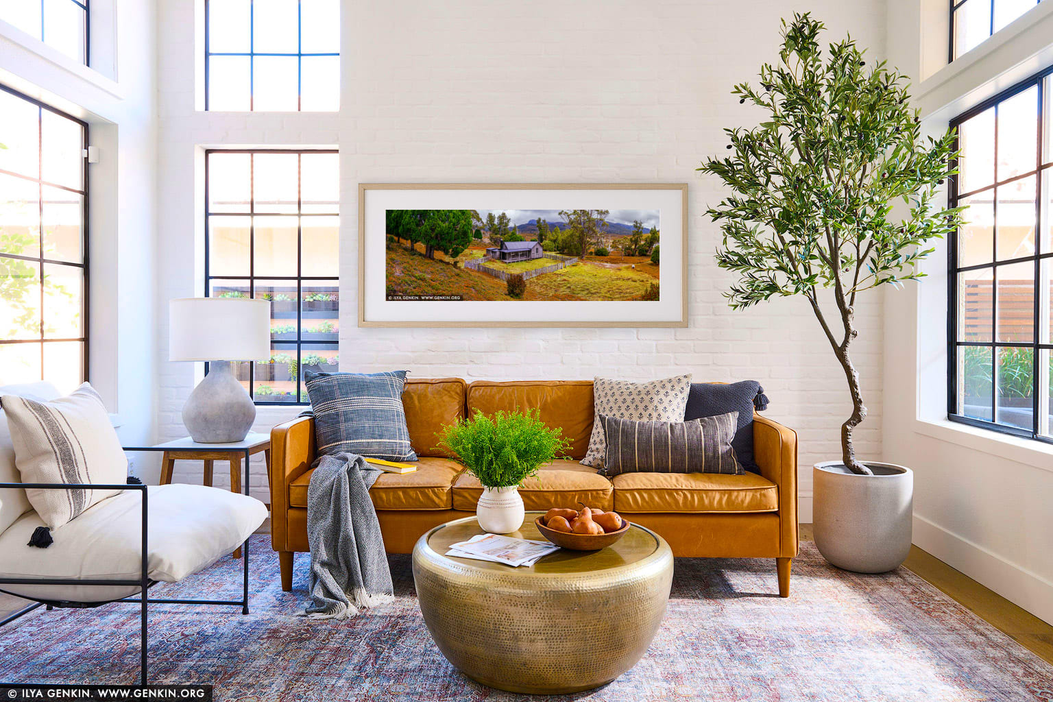 Mount Kate Hut wall art in a minimalist living room interior