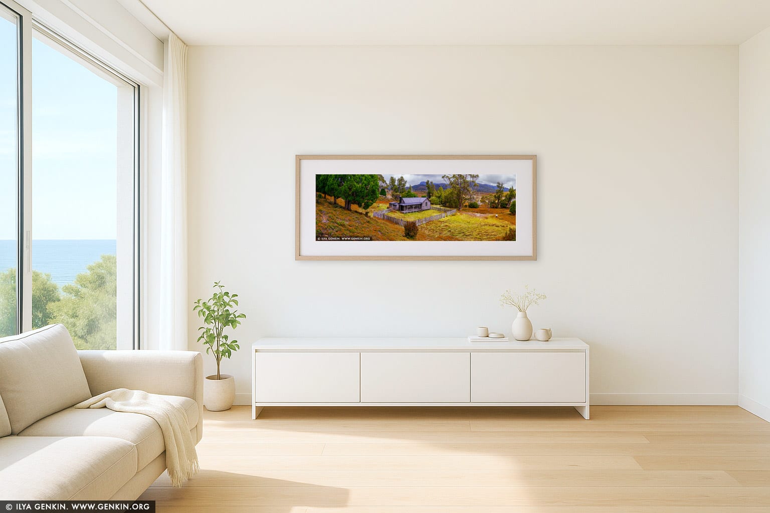 Mount Kate Hut wall art in a minimalist living room interior