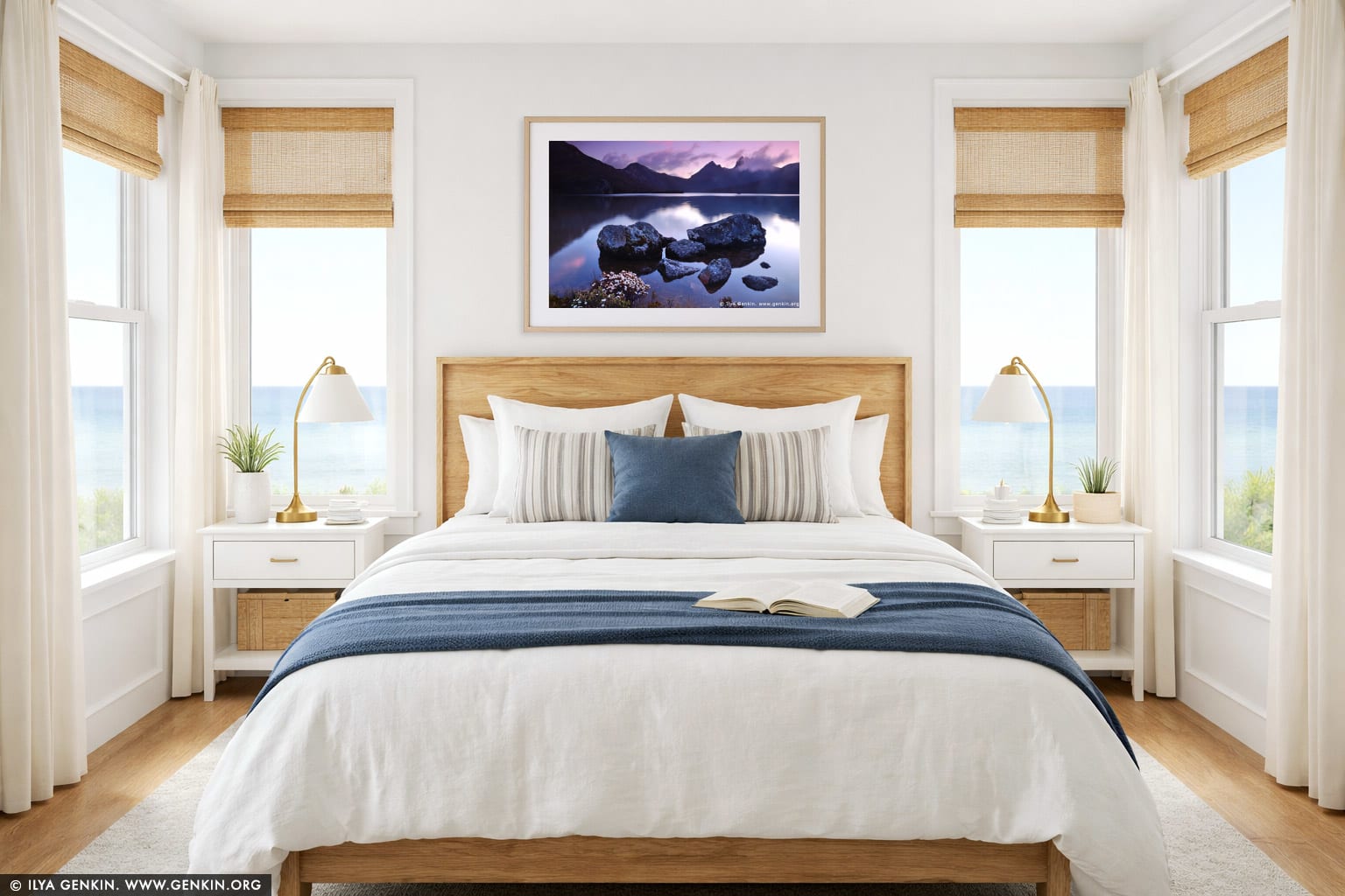 Lake Dove after Sunset wall art in a bedroom interior
