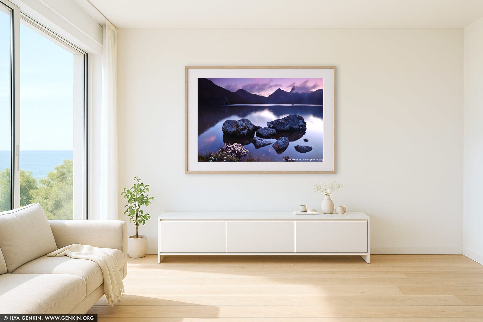 Lake Dove after Sunset wall art in a minimalist living room interior