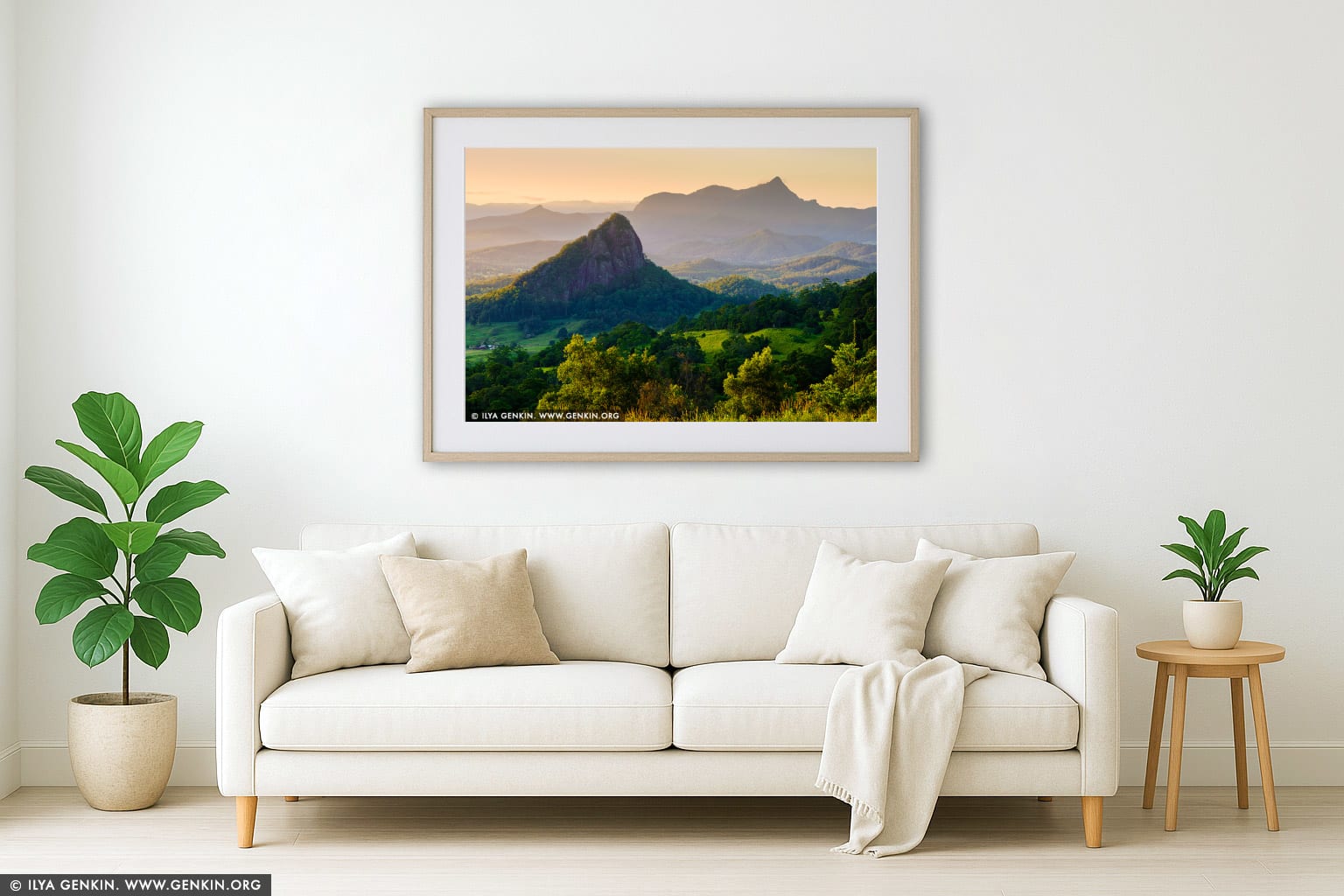 Mount Warning at Sunset wall art in a modern living room interior