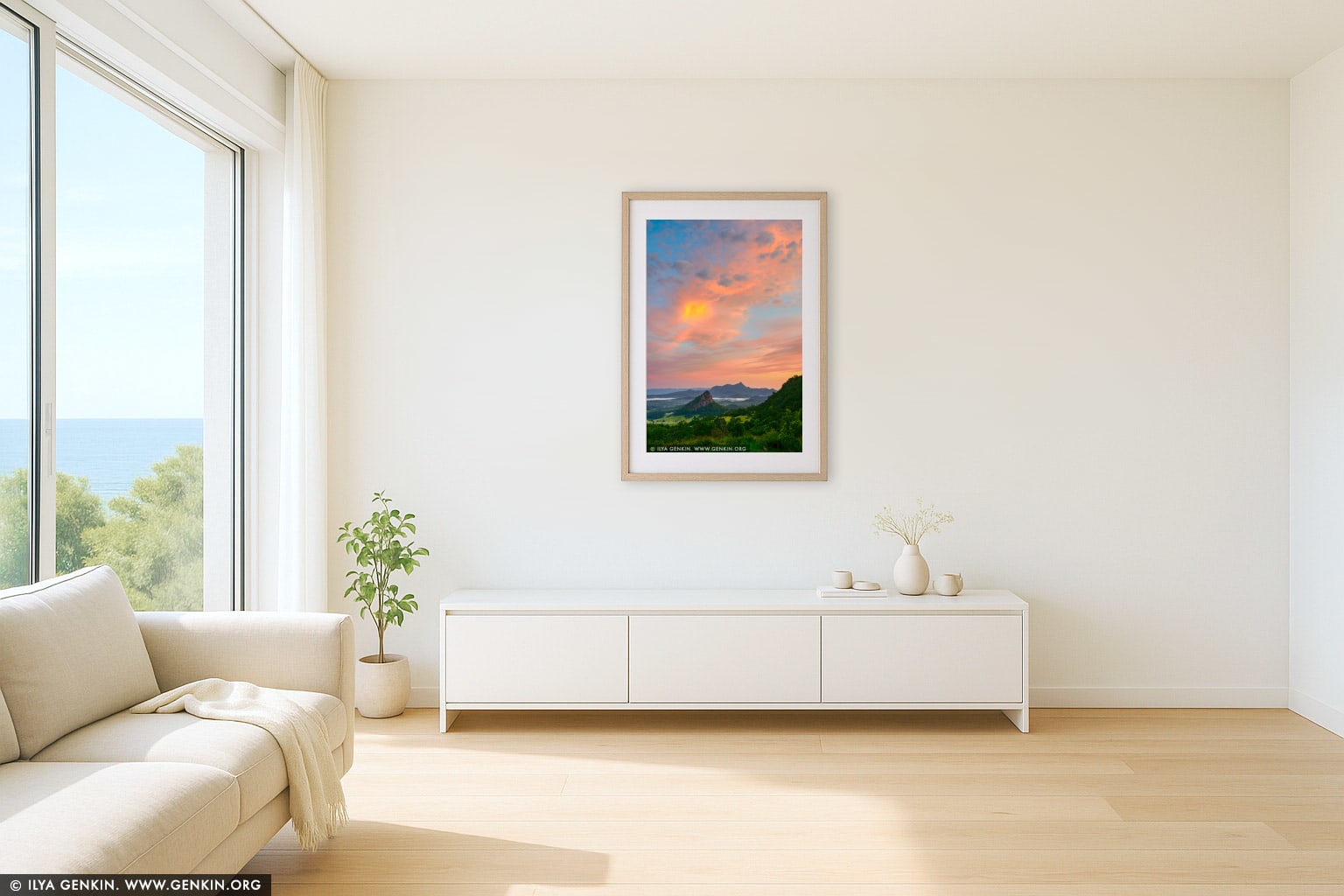 Mount Warning at Sunrise wall art in a minimalist living room interior