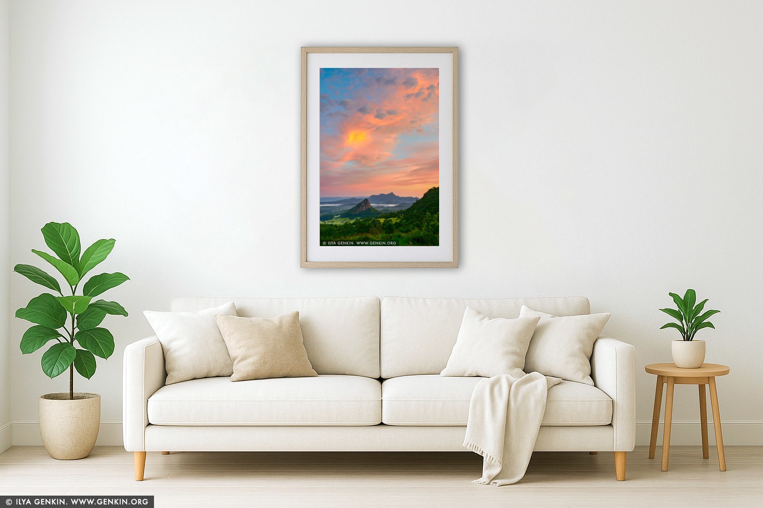 Mount Warning at Sunrise wall art in a contemporary living room interior