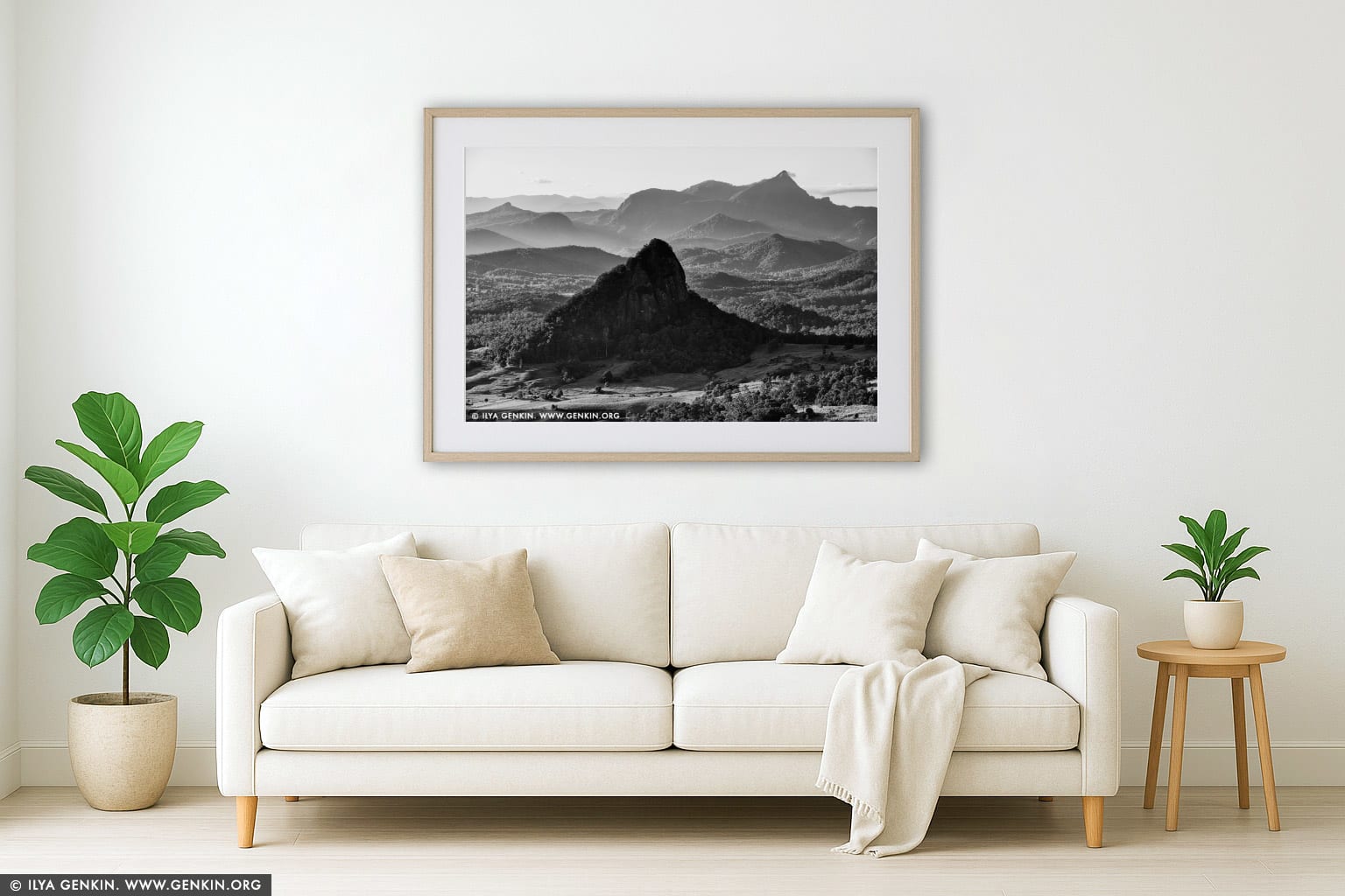 Mount Warning wall art in a minimalist living room interior
