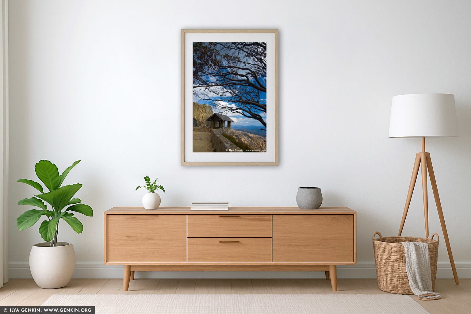 Old Stone Hut and View over Australian Alps from The Horn wall art in a contemporary living room interior
