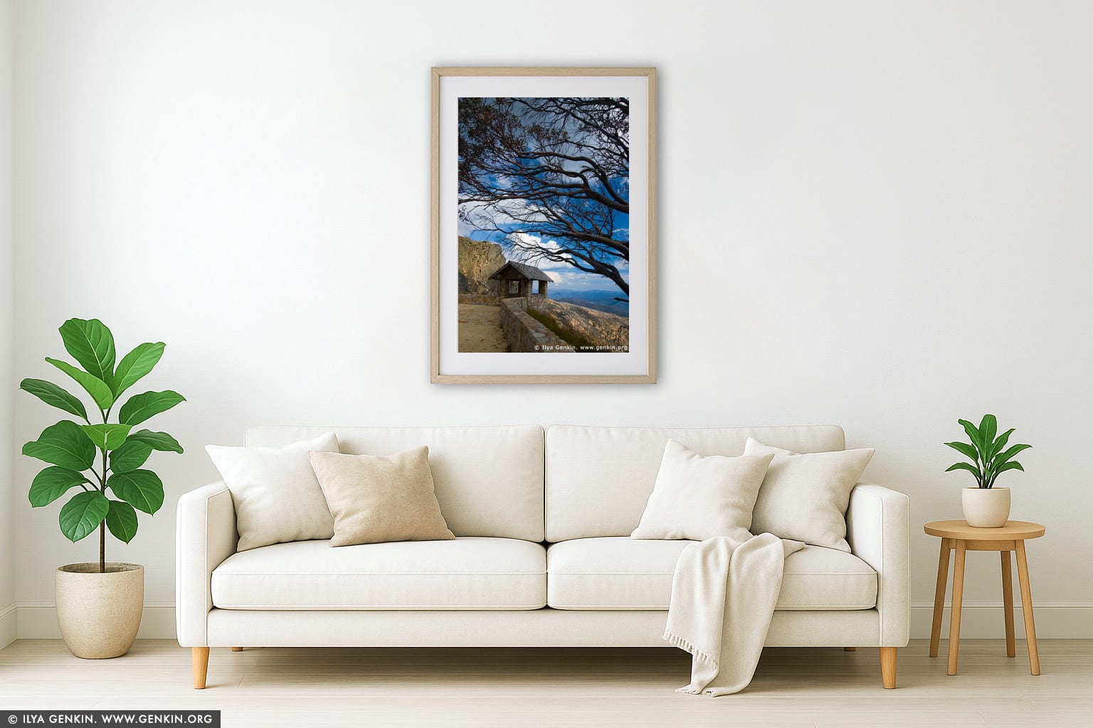 Old Stone Hut and View over Australian Alps from The Horn wall art in a luxury living room interior