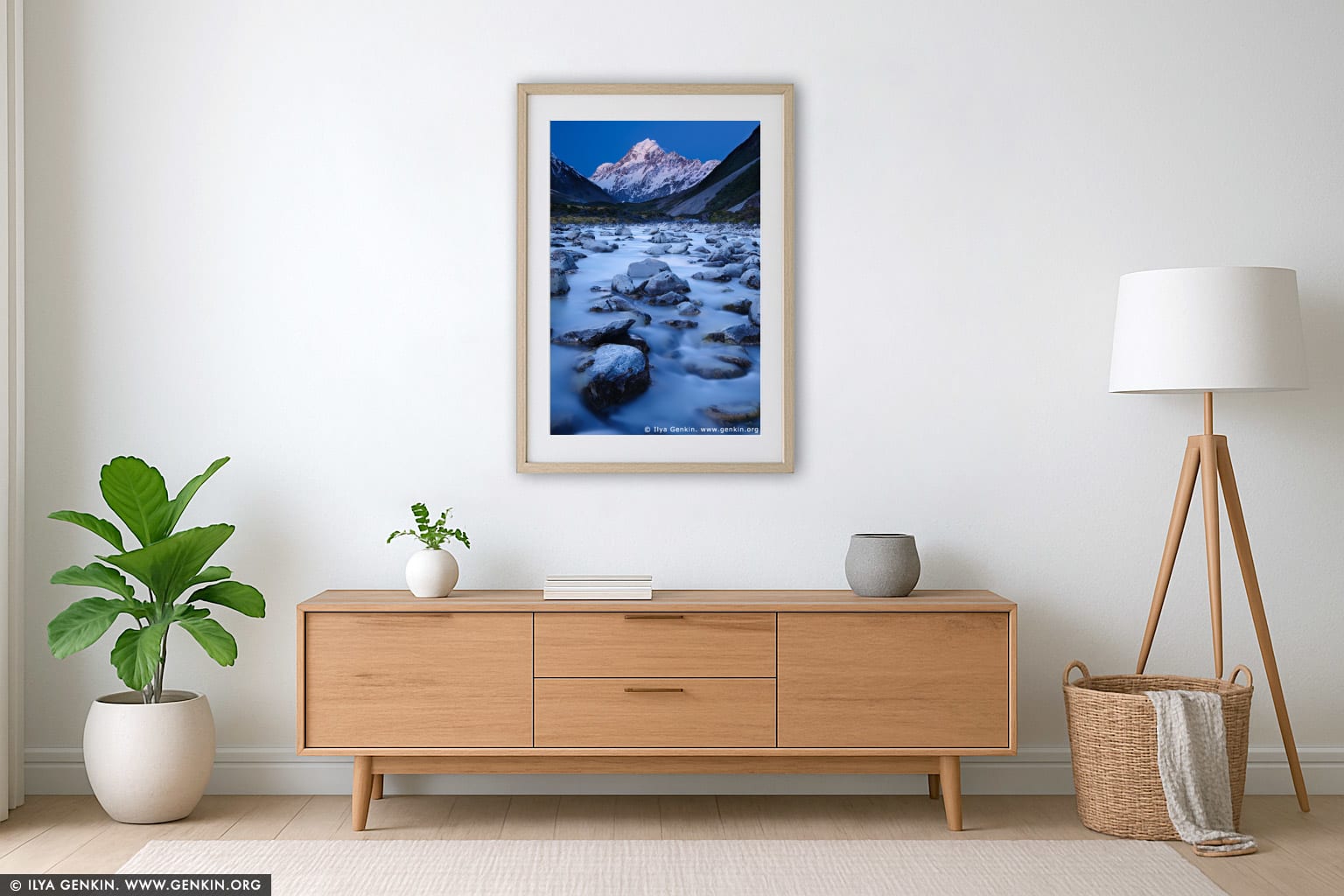 Hooker River and Aoraki/Mount Cook after Sunset wall art in a contemporary living room interior