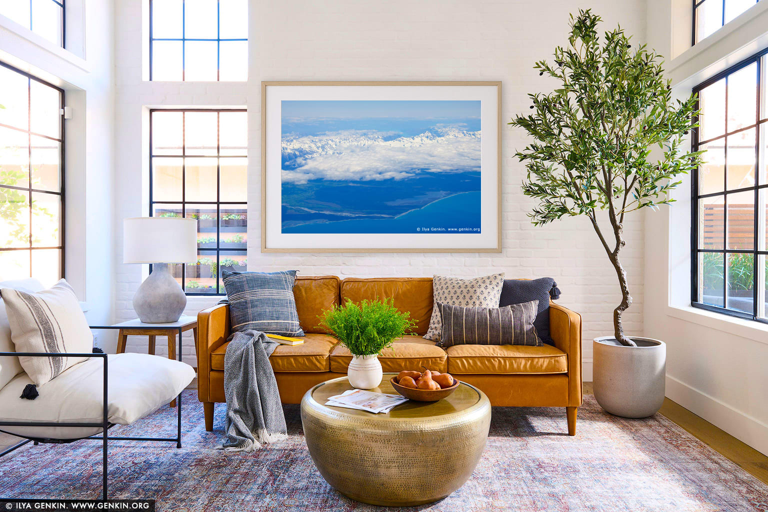 Aerial View of the Aoraki/Mount Cook and Southern Alps wall art in a contemporary living room interior