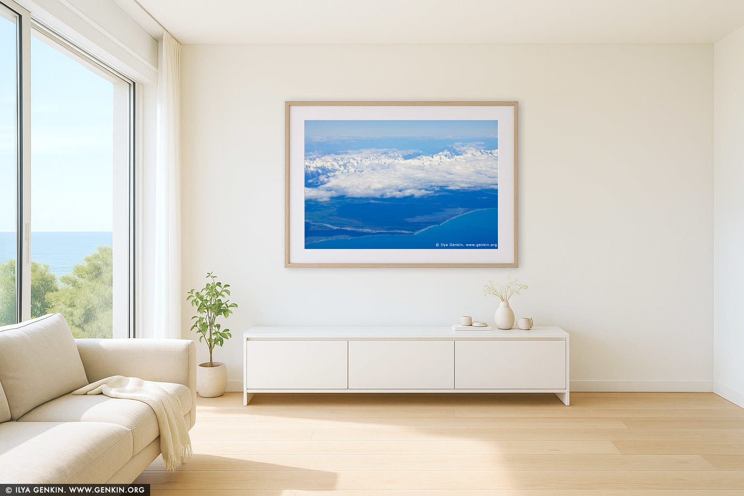 Aerial View of the Aoraki/Mount Cook and Southern Alps wall art in a contemporary living room interior