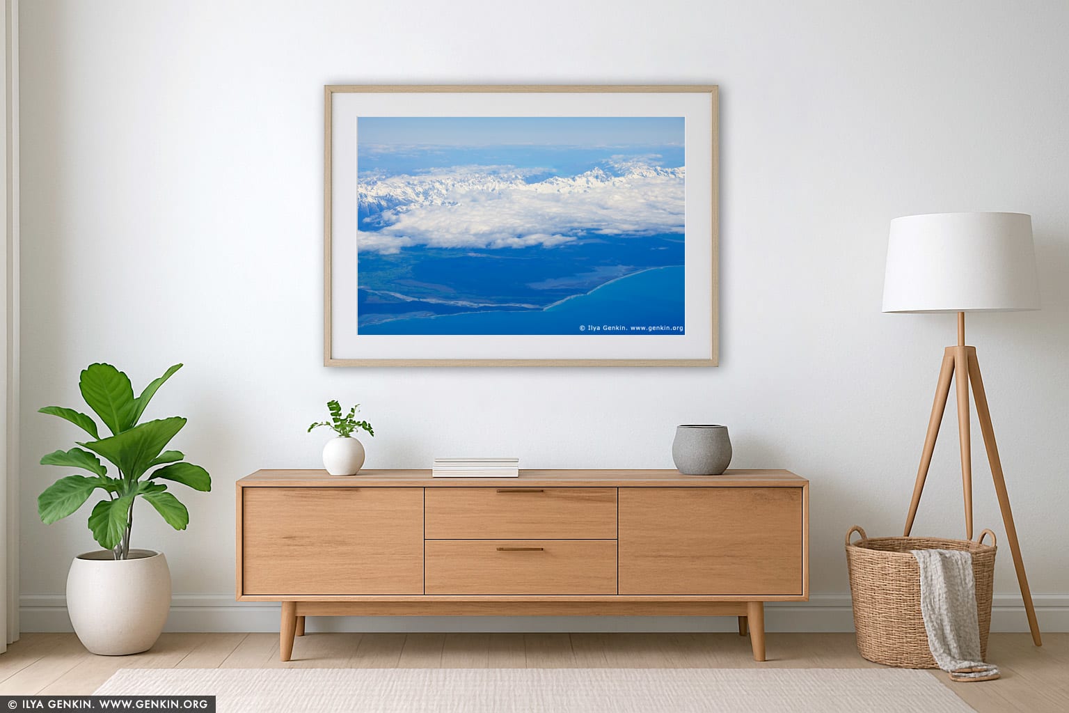 Aerial View of the Aoraki/Mount Cook and Southern Alps wall art in a minimalist living room interior