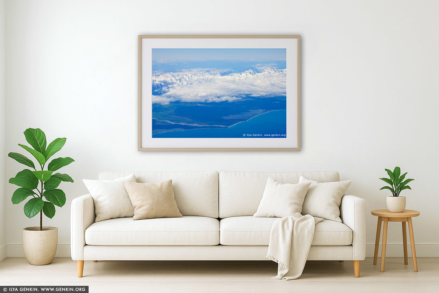 Aerial View of the Aoraki/Mount Cook and Southern Alps wall art in a modern living room interior