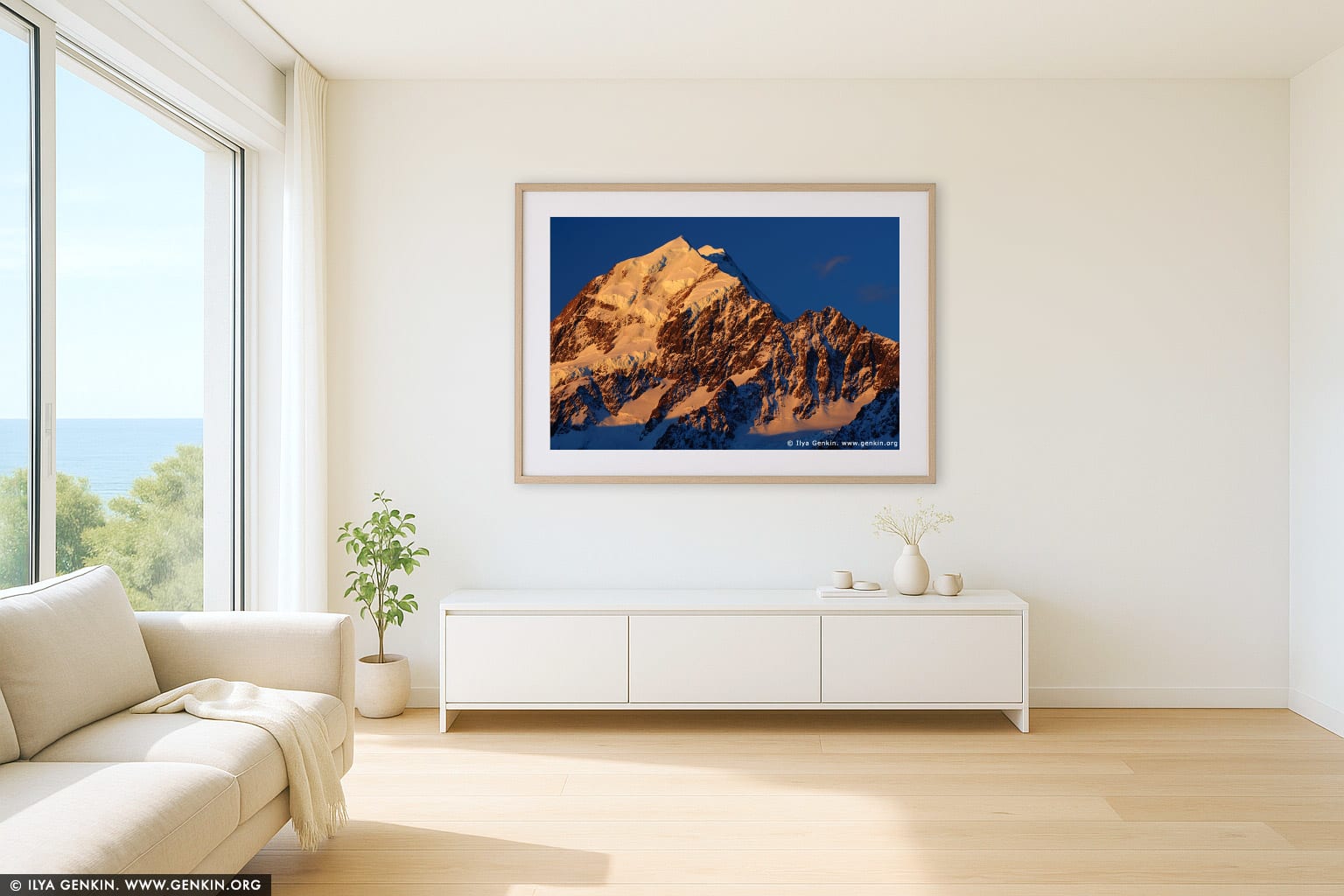 Last Light at Aoraki/Mount Cook wall art in a contemporary living room interior