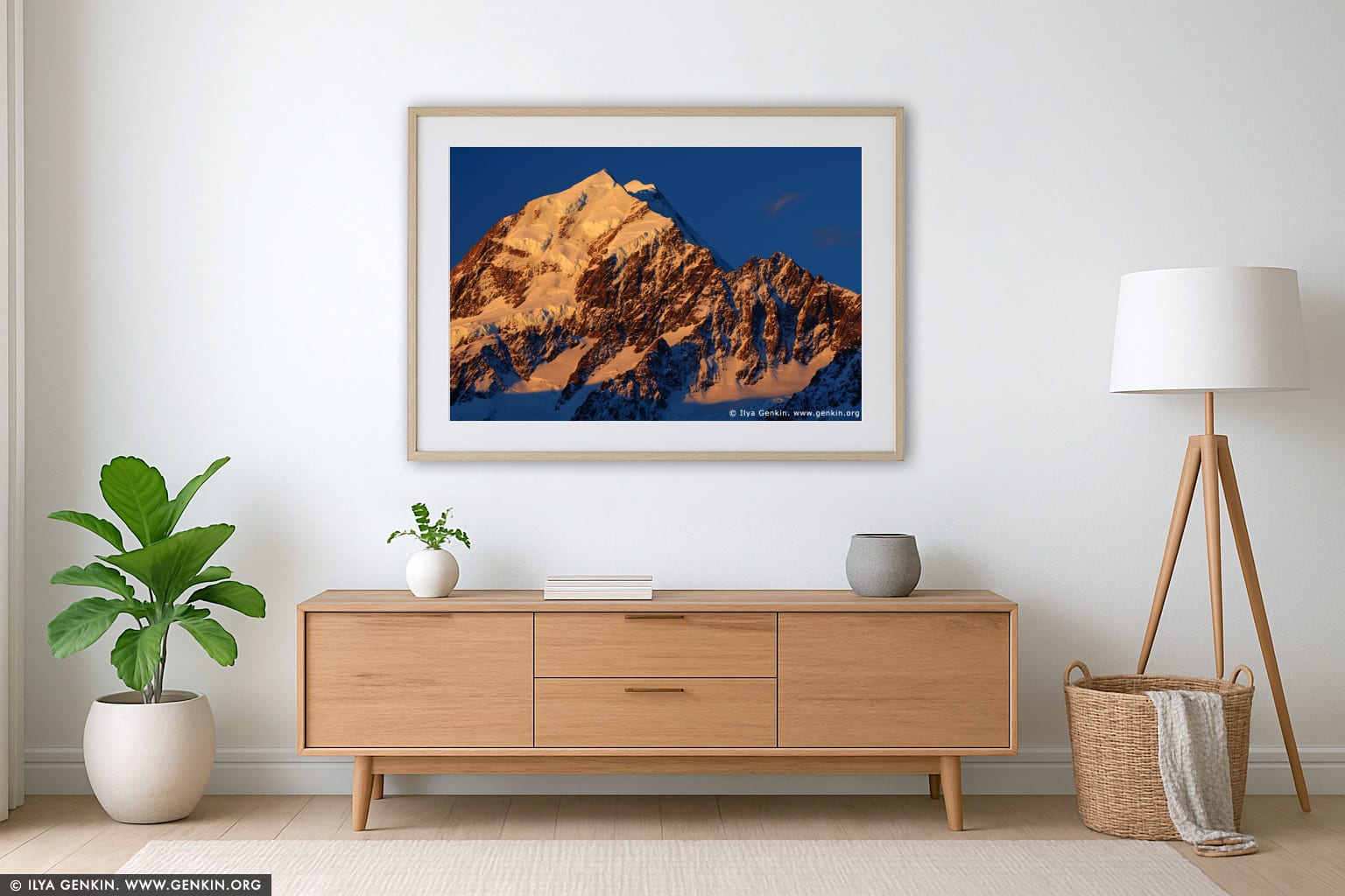 Last Light at Aoraki/Mount Cook wall art in a minimalist living room interior