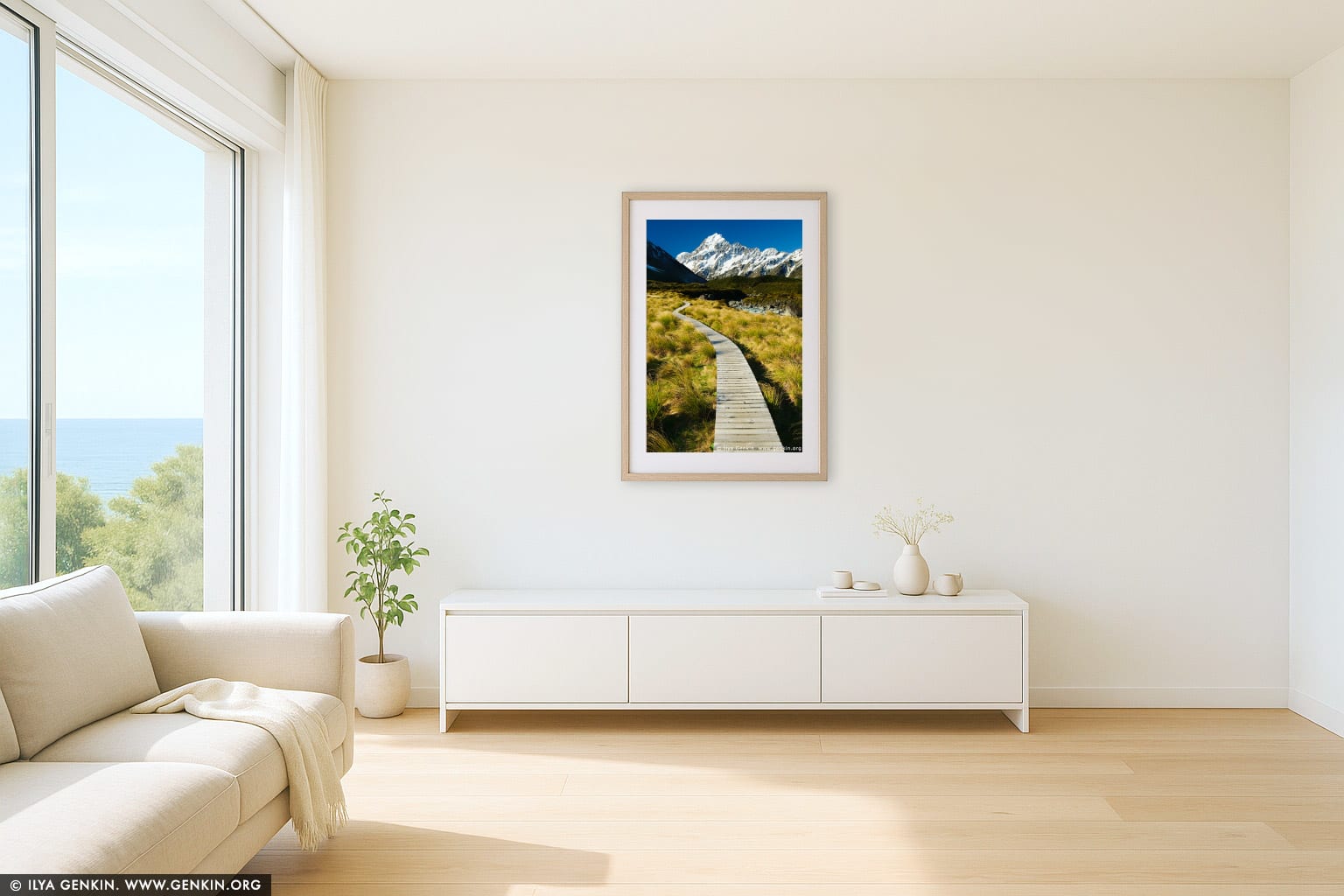 Walking Path to Hooker Lake and Aoraki/Mount Cook wall art in a minimalist living room interior