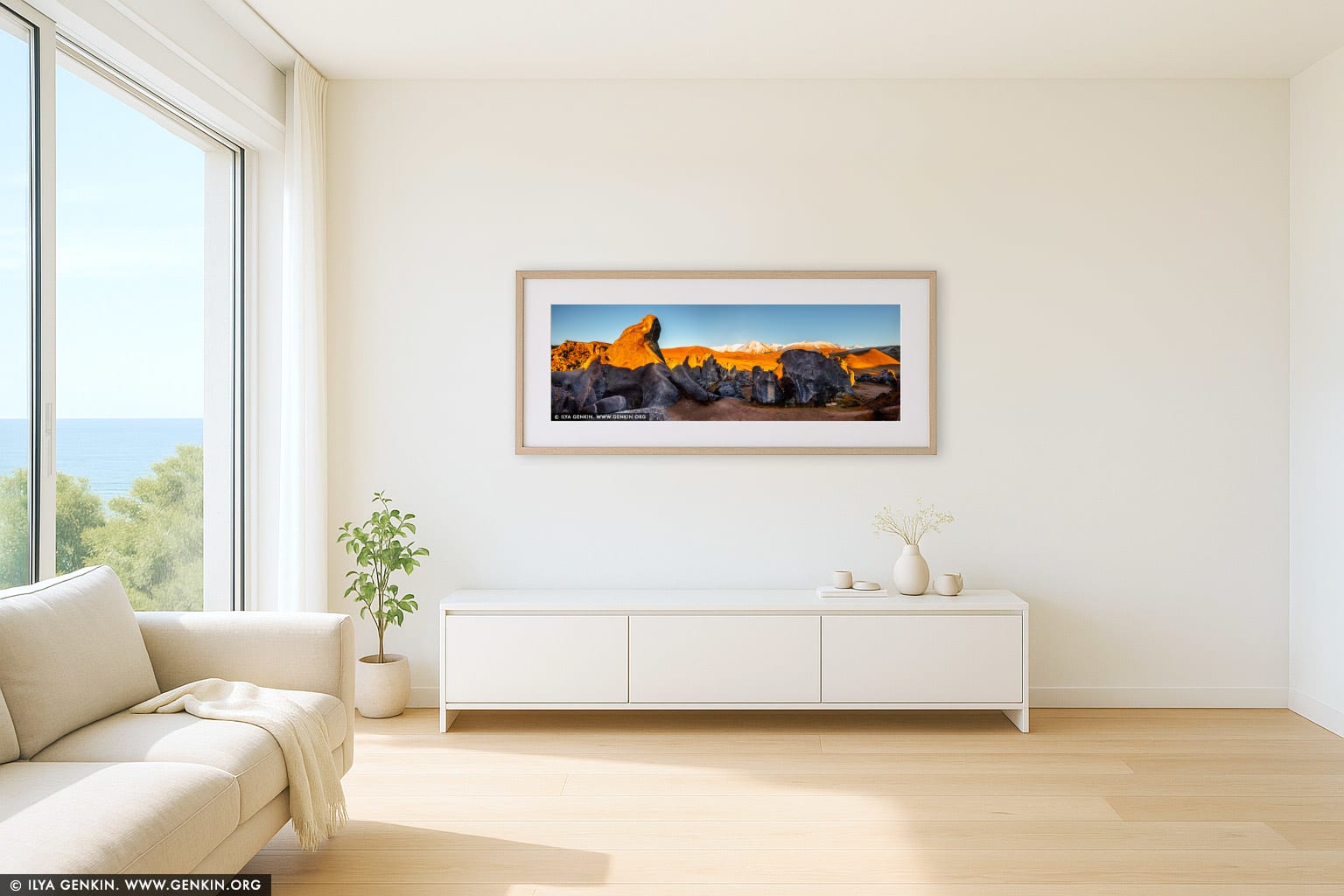 Castle Hill Panorama at Sunrise wall art in a contemporary living room interior