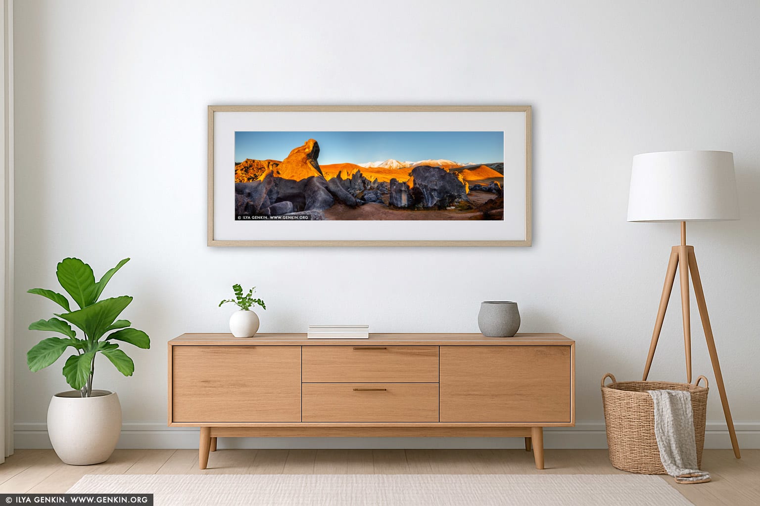 Castle Hill Panorama at Sunrise wall art in a minimalist living room interior