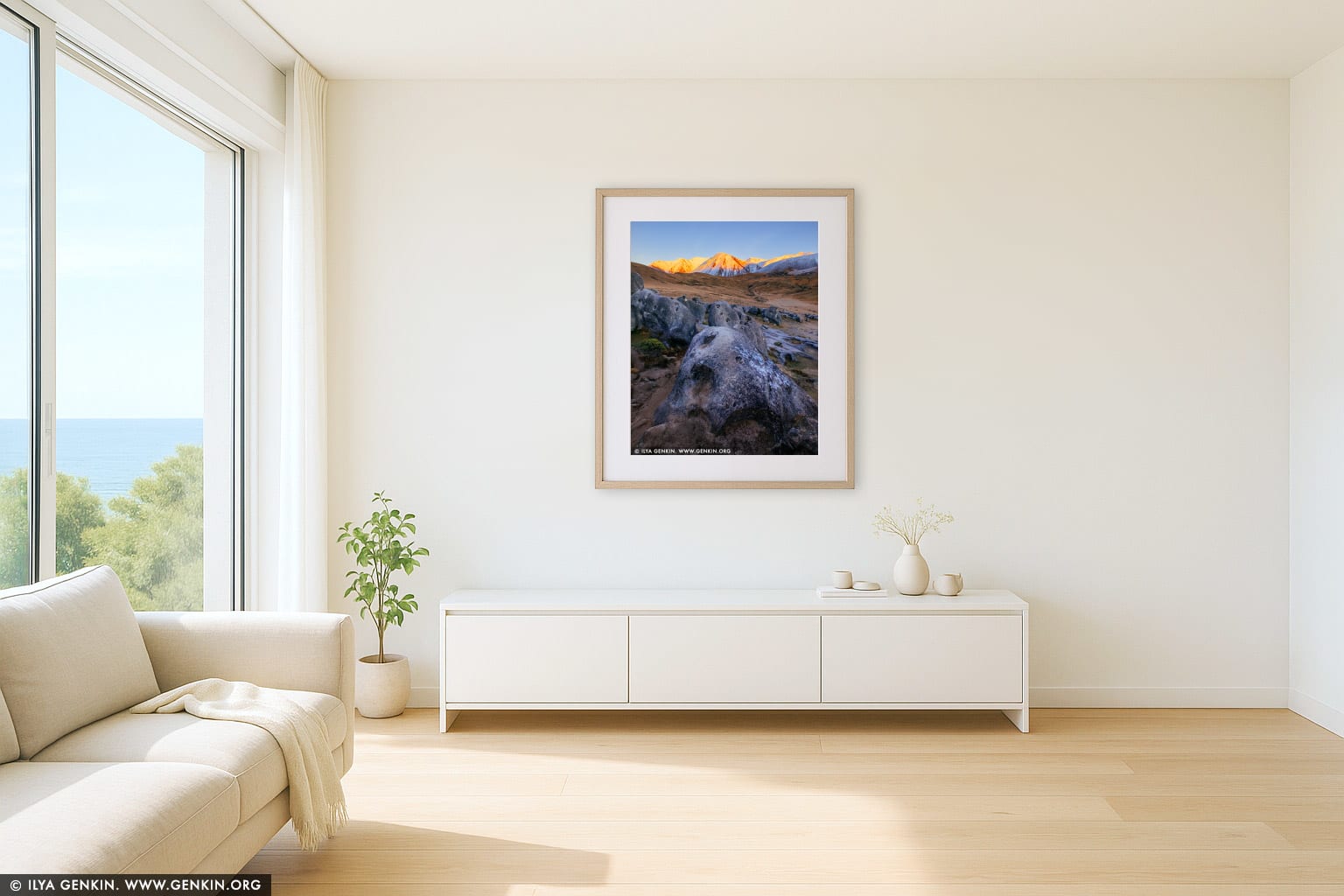 First Sun at Castle Hill wall art in a minimalist living room interior