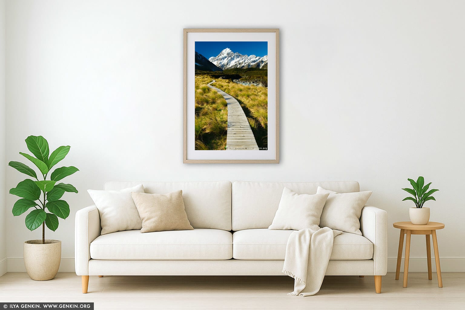 Walking Path to Hooker Lake and Aoraki/Mount Cook wall art in a contemporary living room interior
