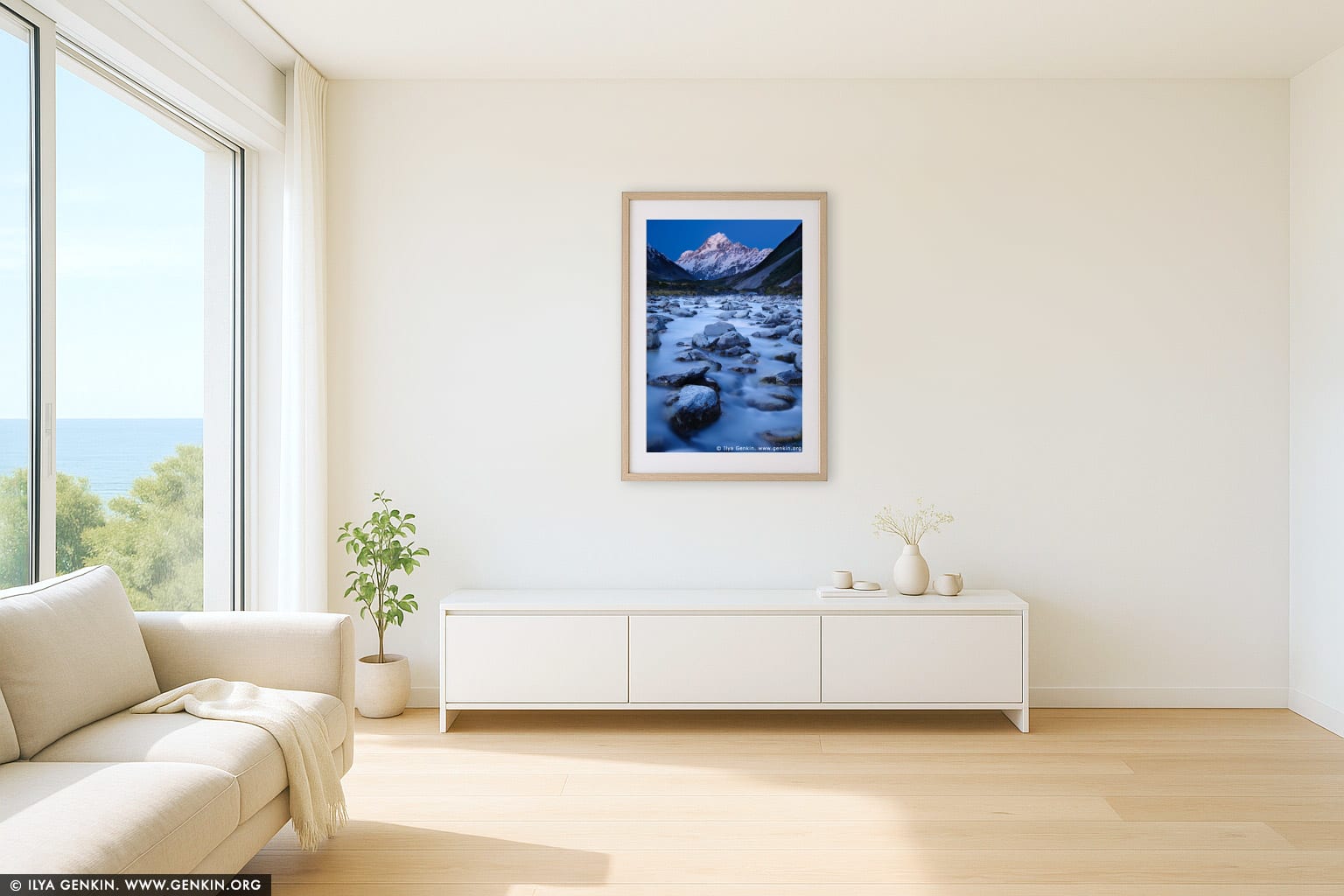 Hooker River and Aoraki/Mount Cook after Sunset wall art in a modern living room interior