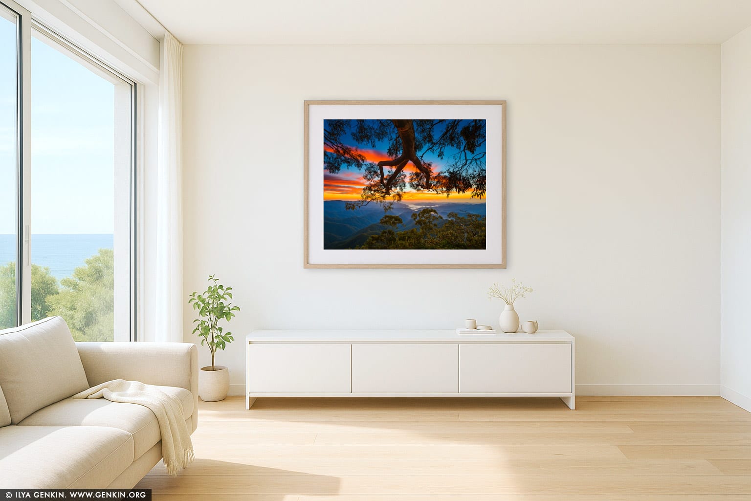 Sunrise at Point Lookout wall art in a contemporary living room interior
