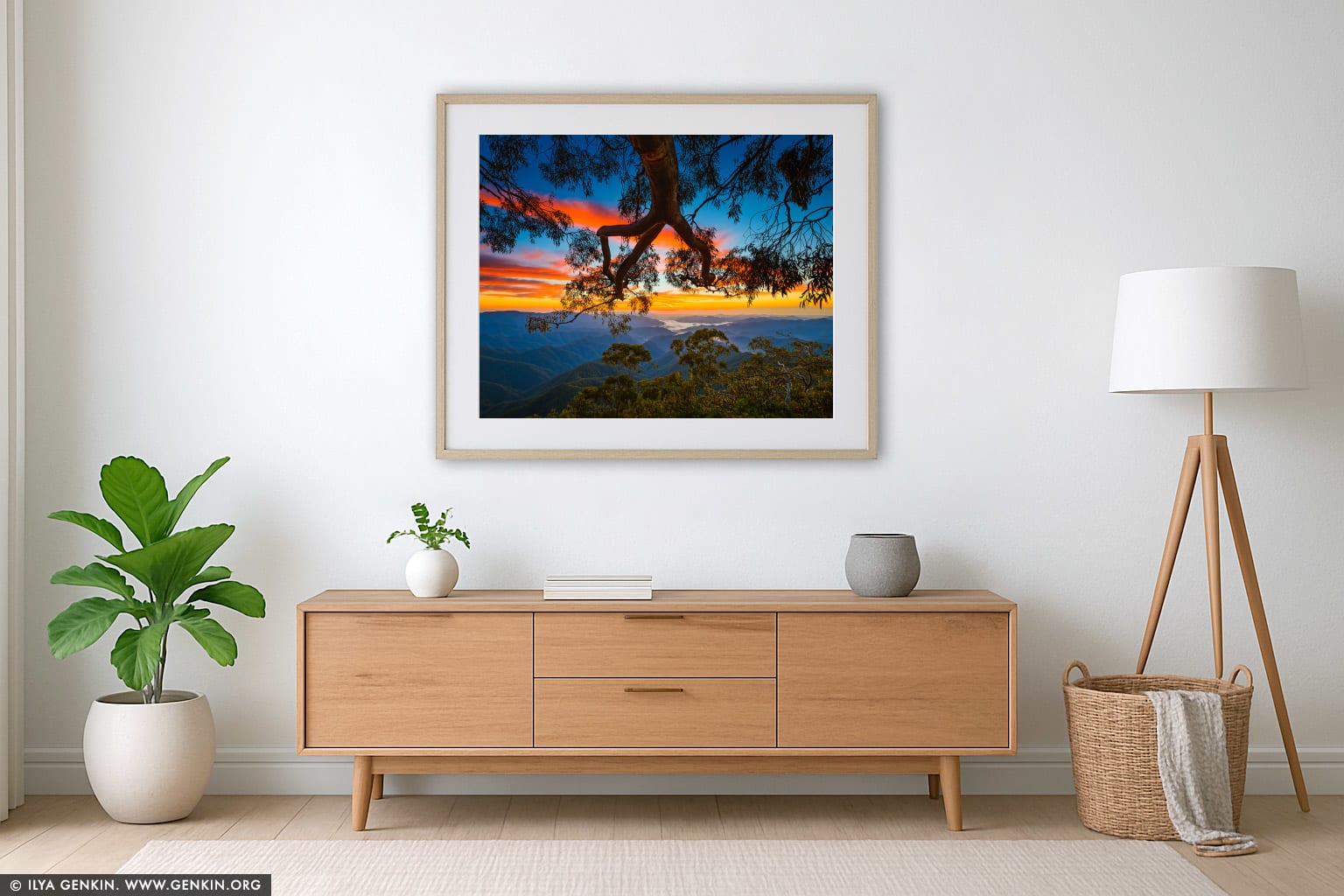 Sunrise at Point Lookout wall art in a minimalist living room interior