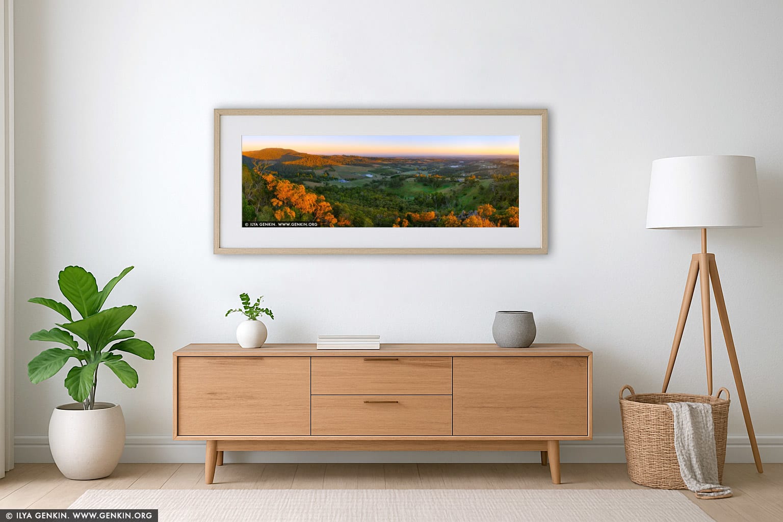 Towac Pinnacle Sunrise wall art in a minimalist living room interior