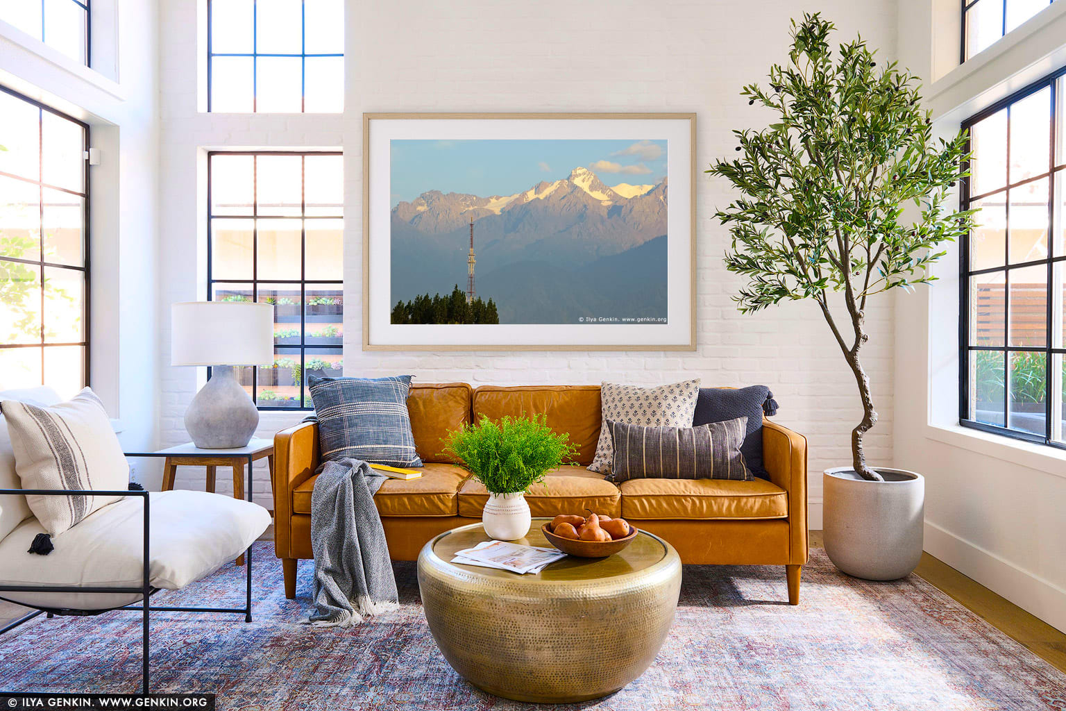 Northern Tien-Shan at Sunset wall art in a minimalist living room interior