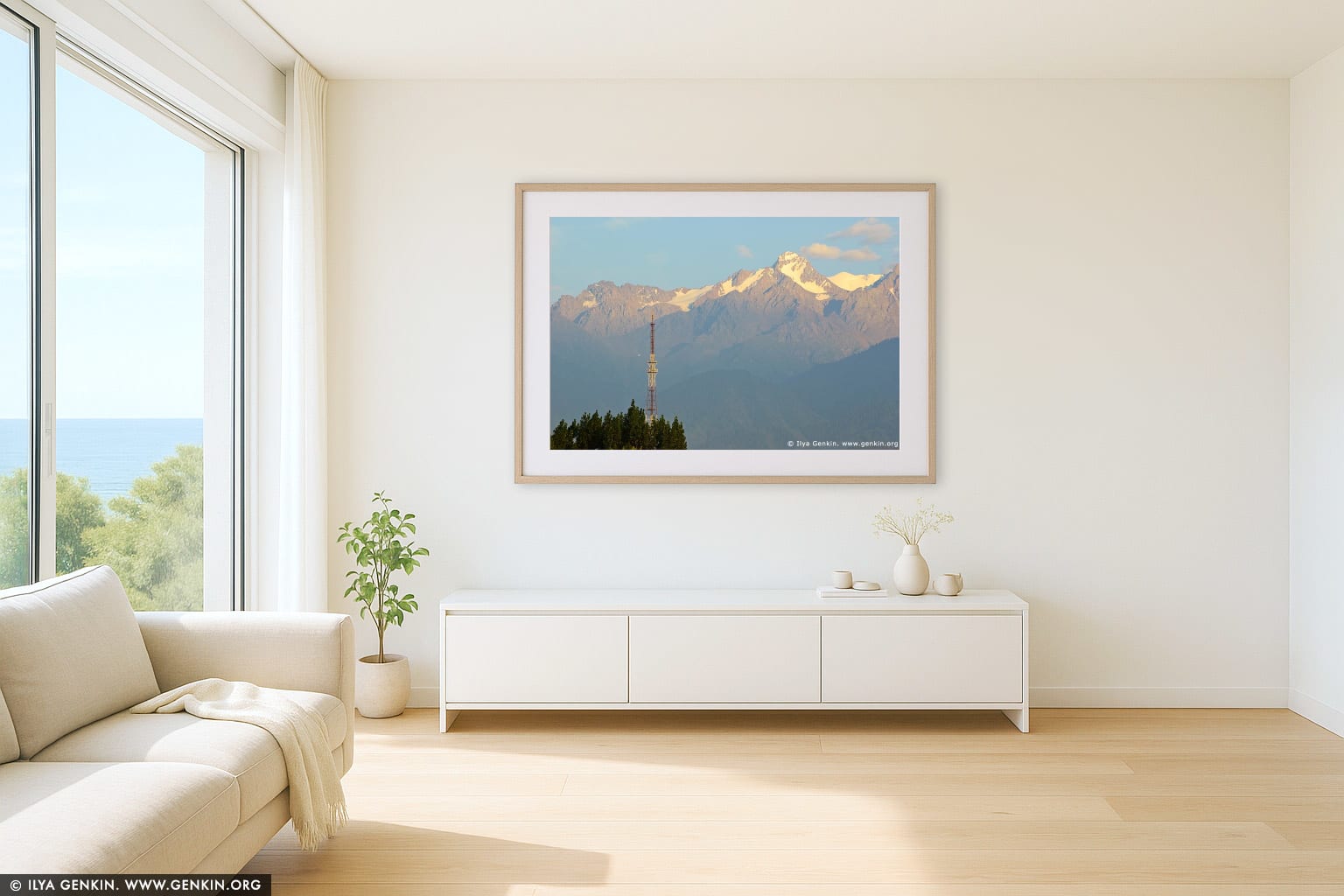 Northern Tien-Shan at Sunset wall art in a minimalist living room interior