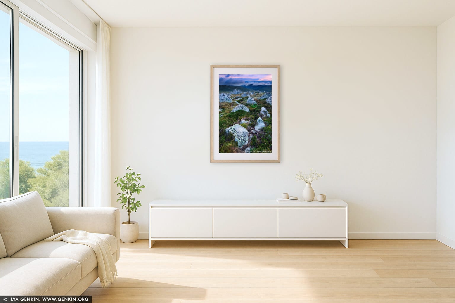 Sunrise in the Snowy Mountains wall art in a modern living room interior