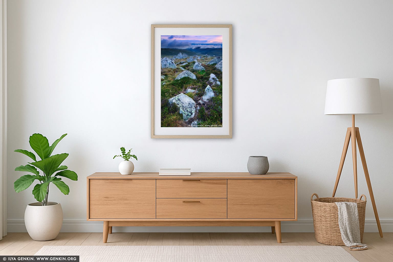 Sunrise in the Snowy Mountains wall art in a contemporary living room interior