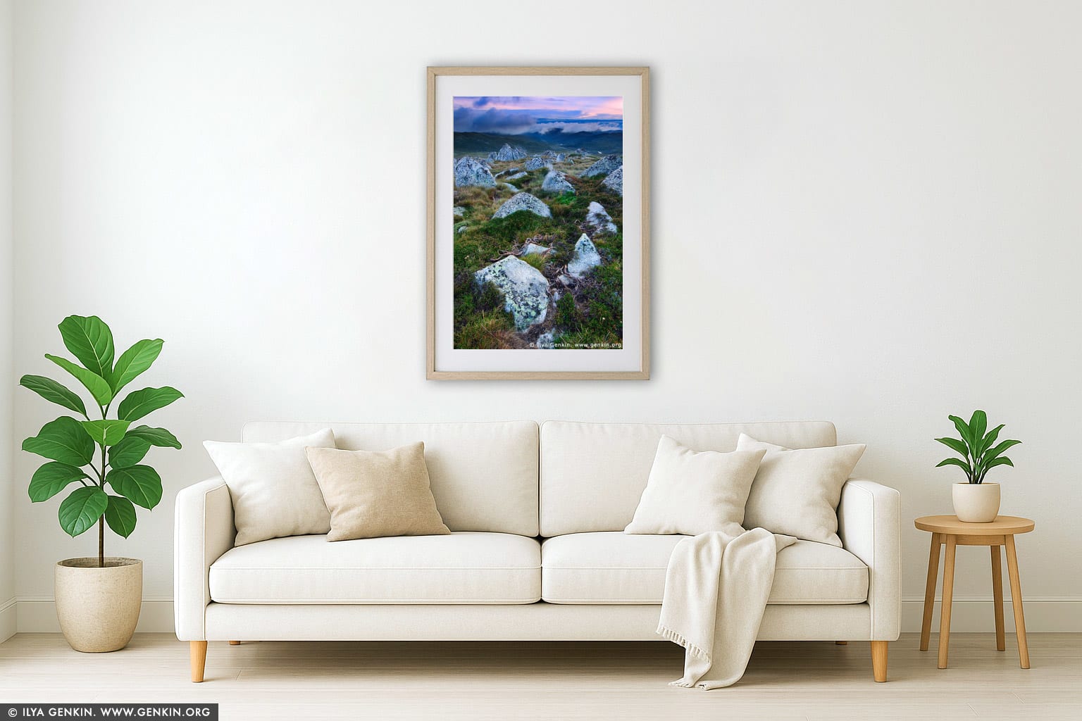 Sunrise in the Snowy Mountains wall art in a luxury living room interior