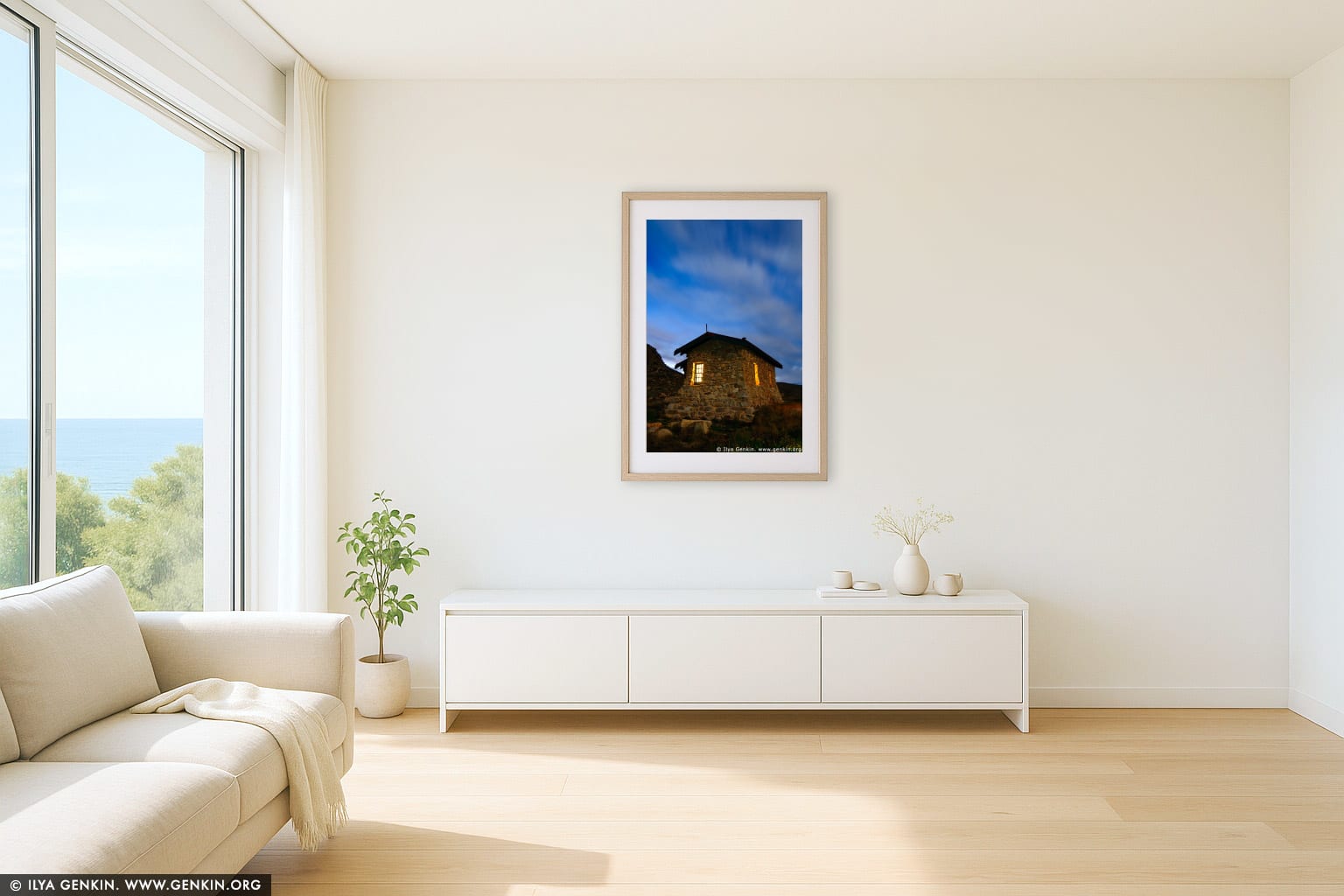 Seaman's Hut at Night wall art in a contemporary living room interior