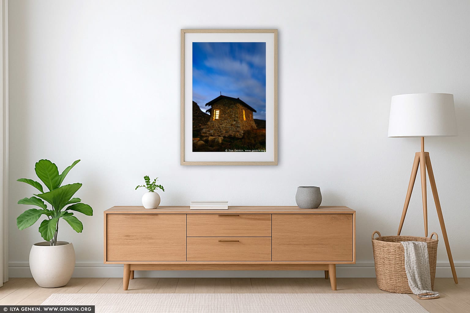 Seaman's Hut at Night wall art in a minimalist living room interior