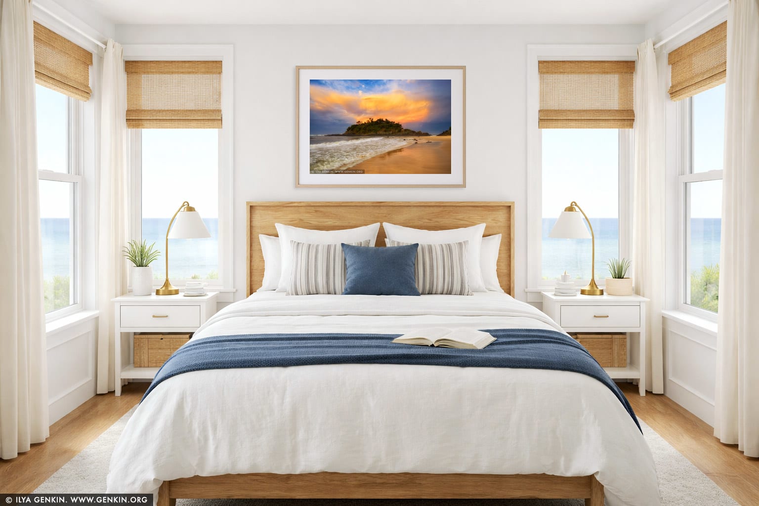Sunset at Seal Rocks wall art in a bedroom interior
