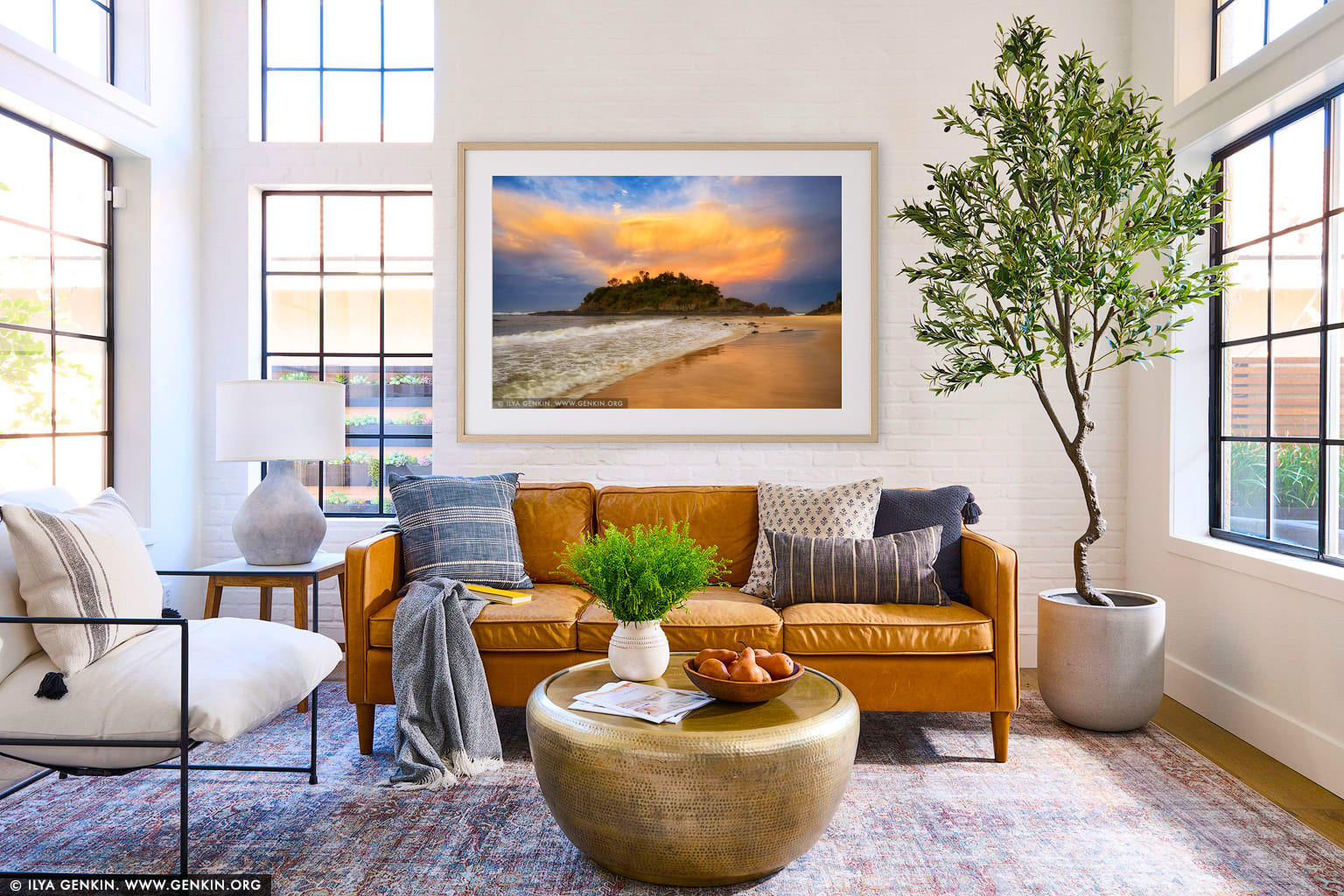 Sunset at Seal Rocks wall art in a contemporary living room interior