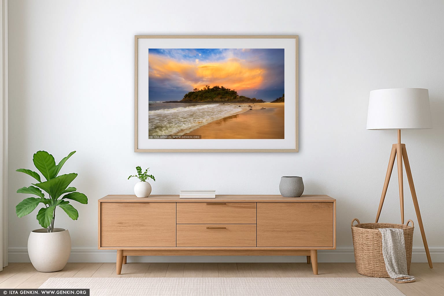 Sunset at Seal Rocks wall art in a minimalist living room interior