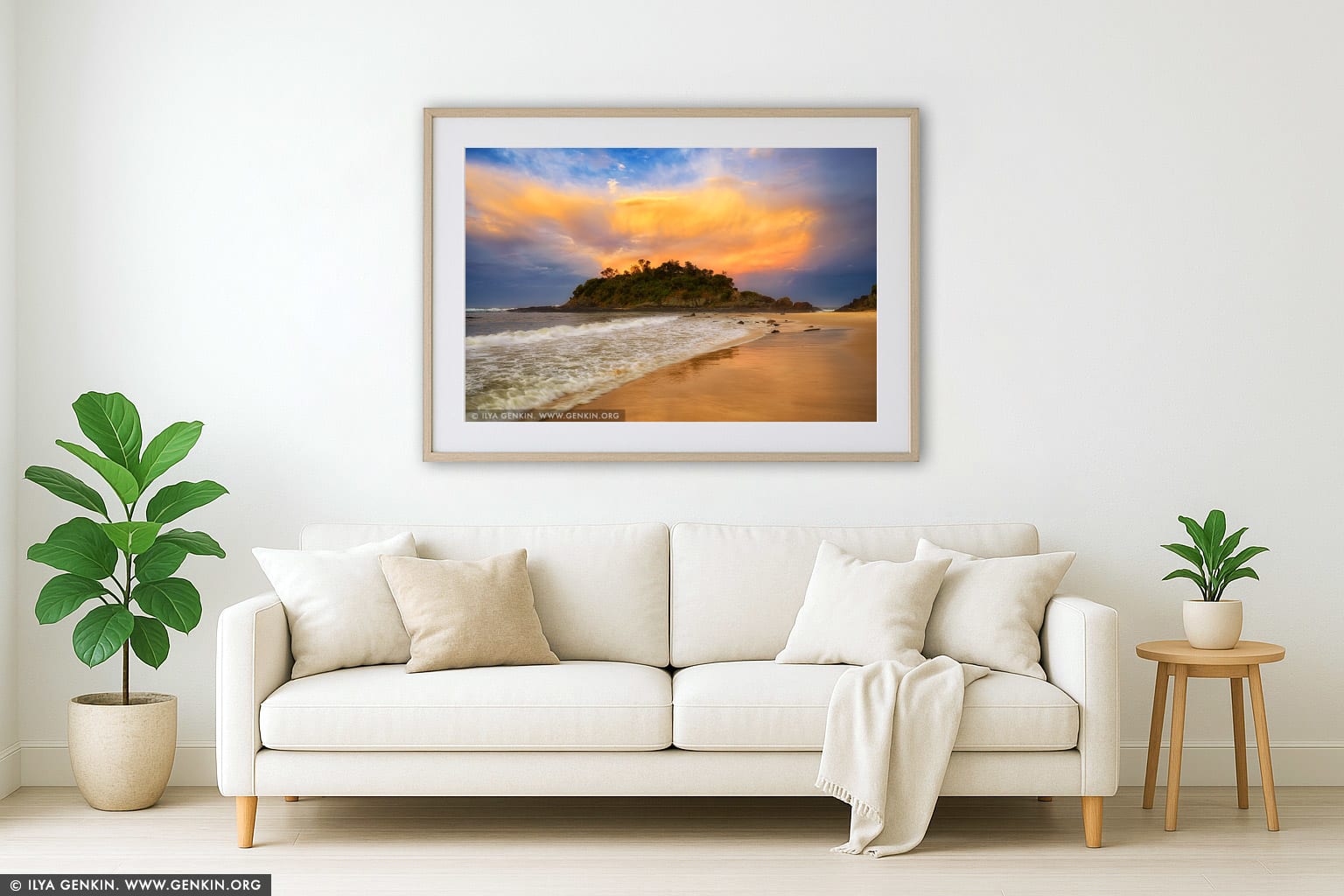 Sunset at Seal Rocks wall art in a modern living room interior