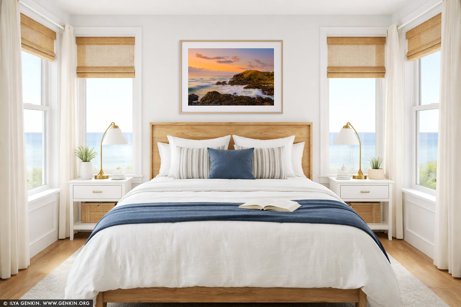 Tacking Point Lighthouse at Sunrise wall art in a bedroom interior