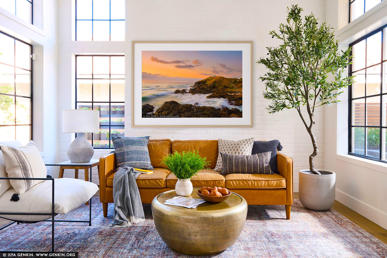 Tacking Point Lighthouse at Sunrise wall art in a contemporary living room interior