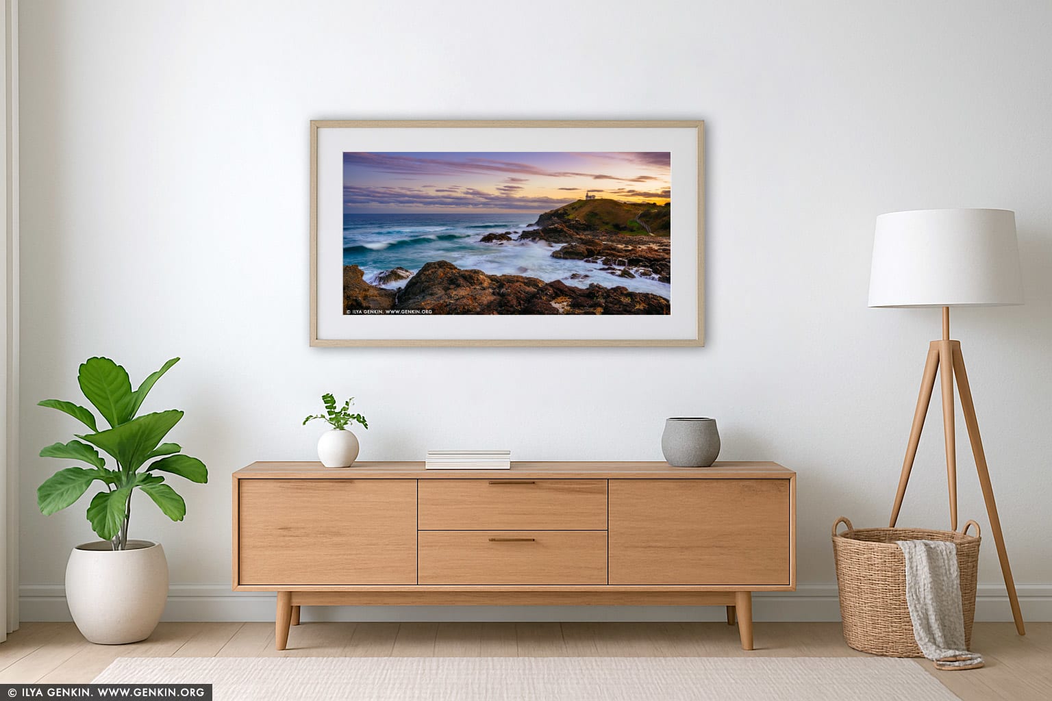 Tacking Point Lighthouse at Sunset wall art in a luxury living room interior