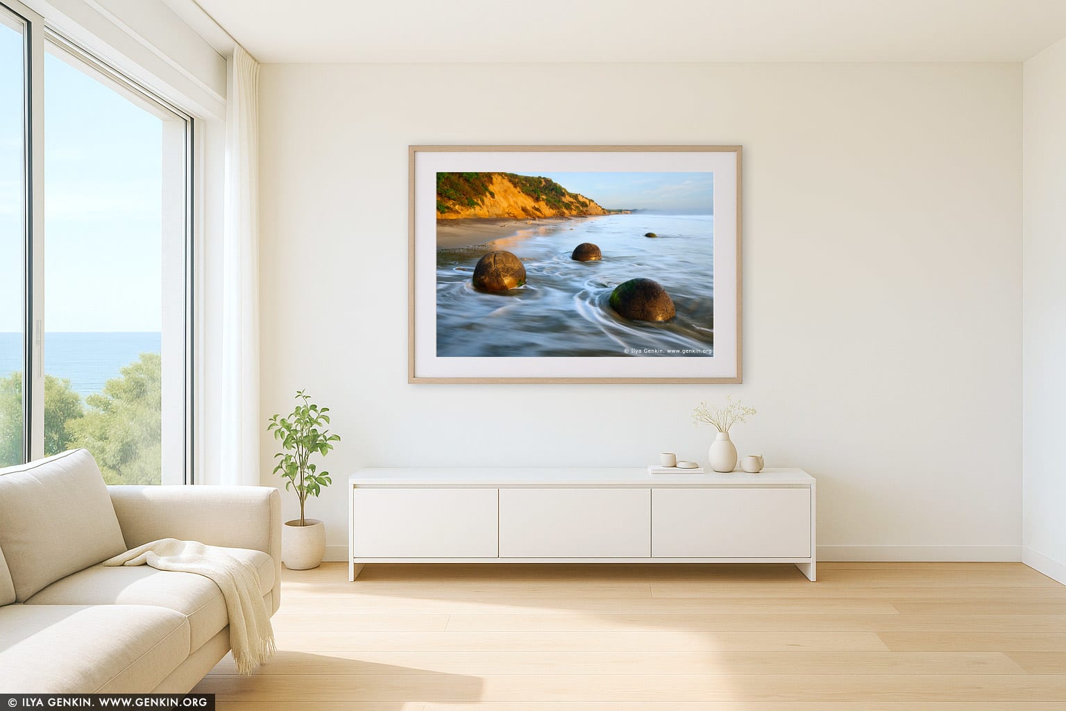 Moeraki Boulders at Sunrise wall art in a modern living room interior