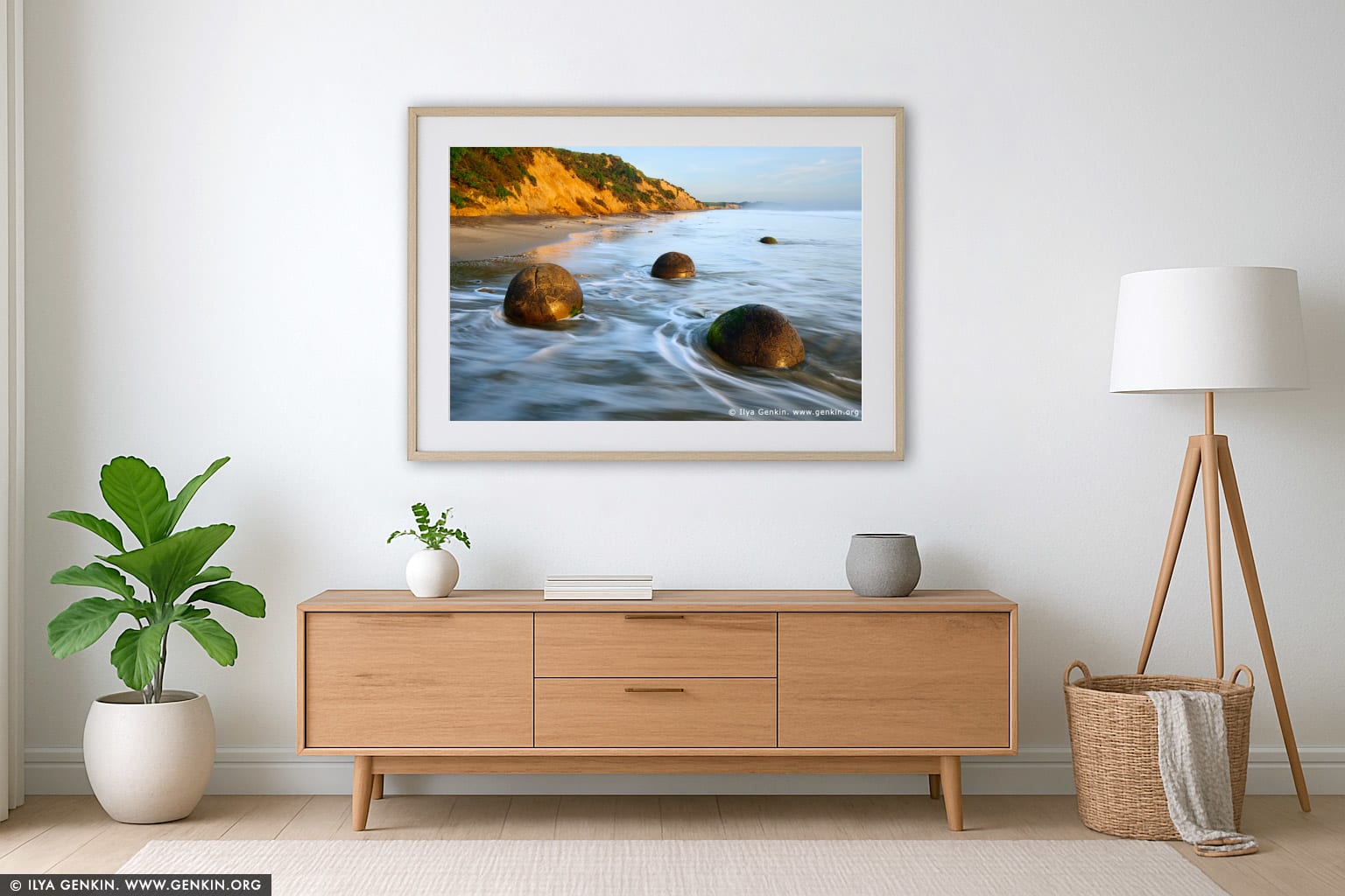 Moeraki Boulders at Sunrise wall art in a contemporary living room interior