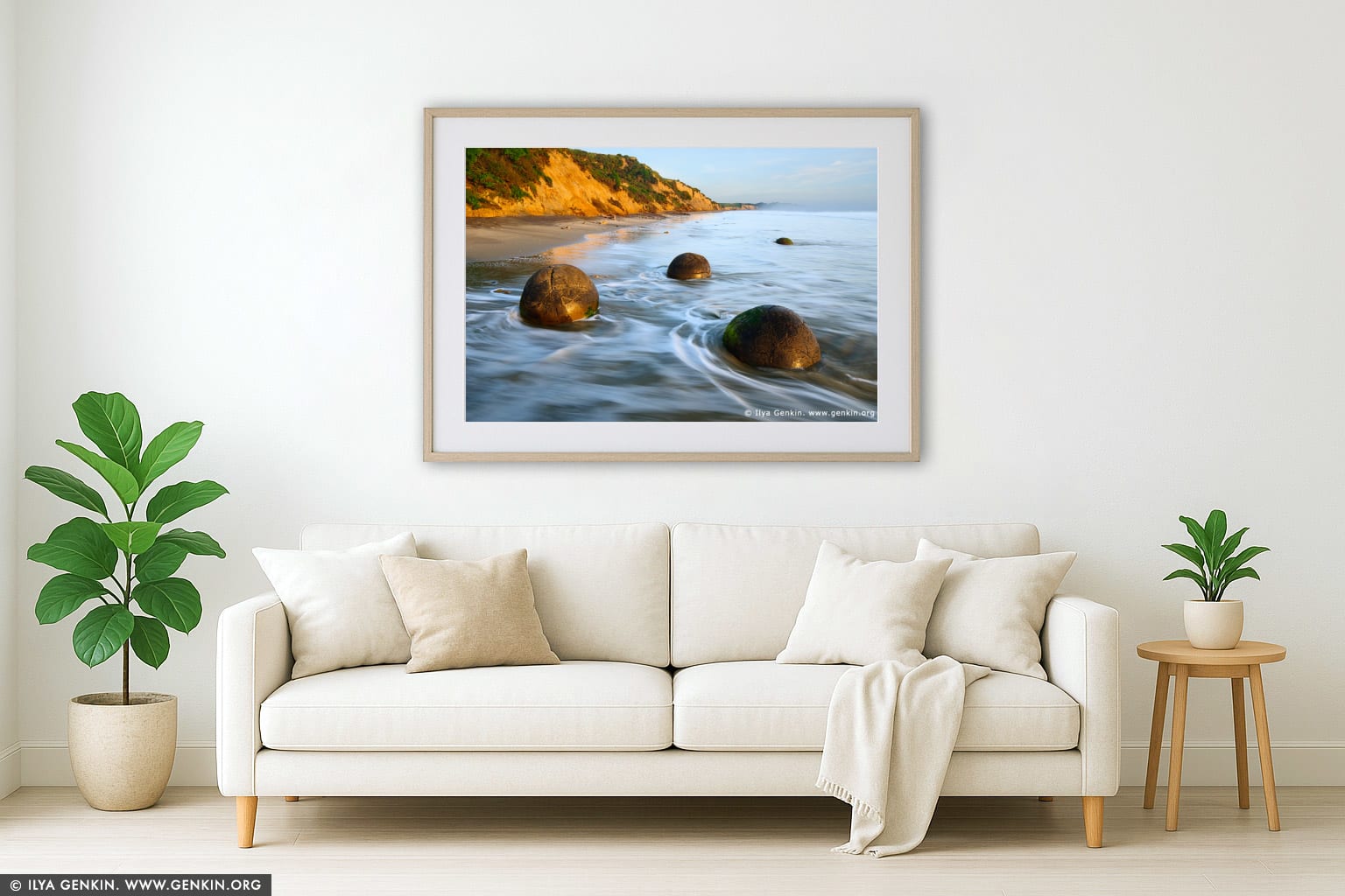 Moeraki Boulders at Sunrise wall art in a luxury living room interior