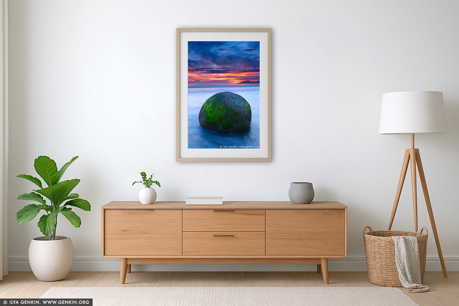 Sunrise at Moeraki Boulders wall art in a minimalist living room interior