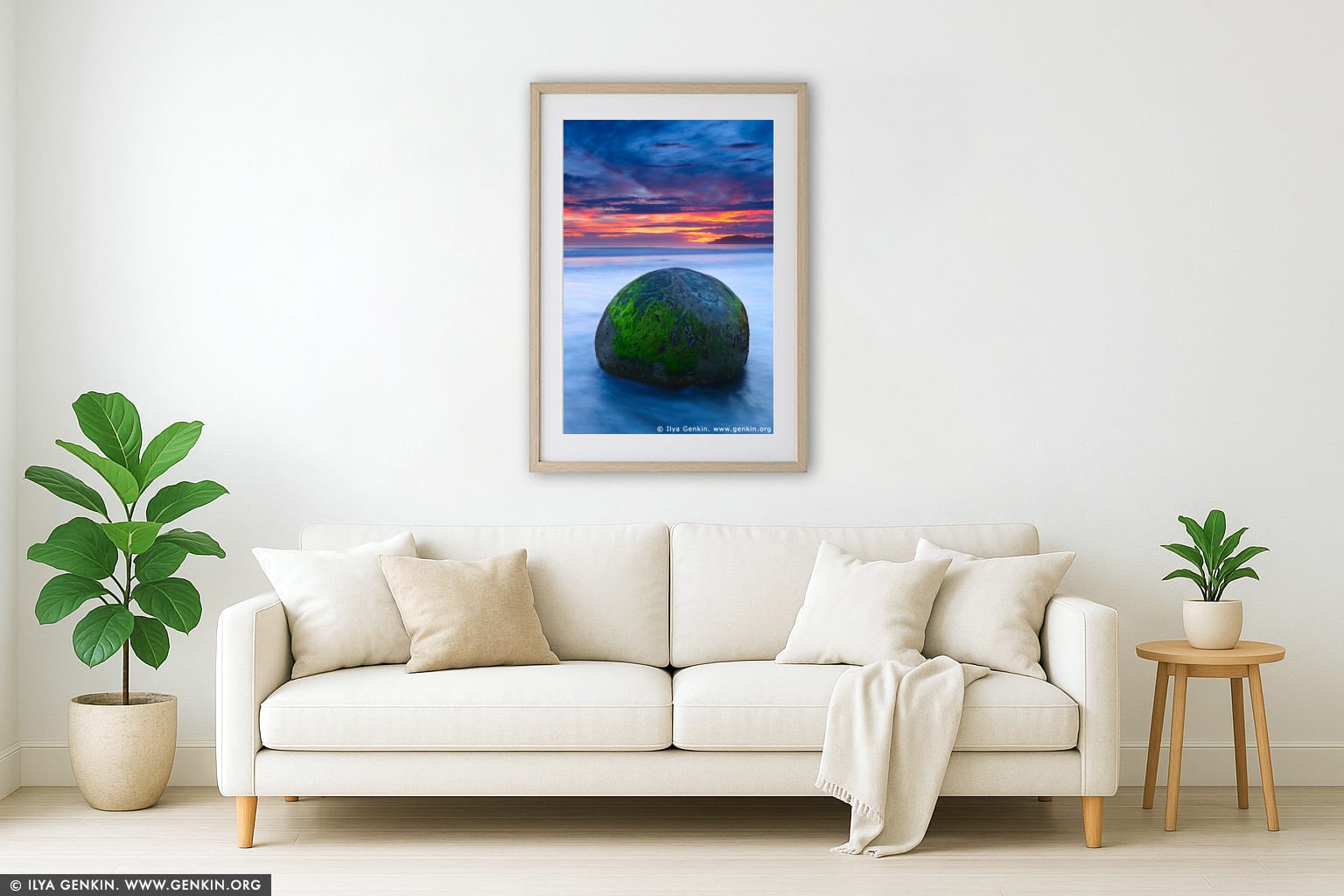 Sunrise at Moeraki Boulders wall art in a modern living room interior