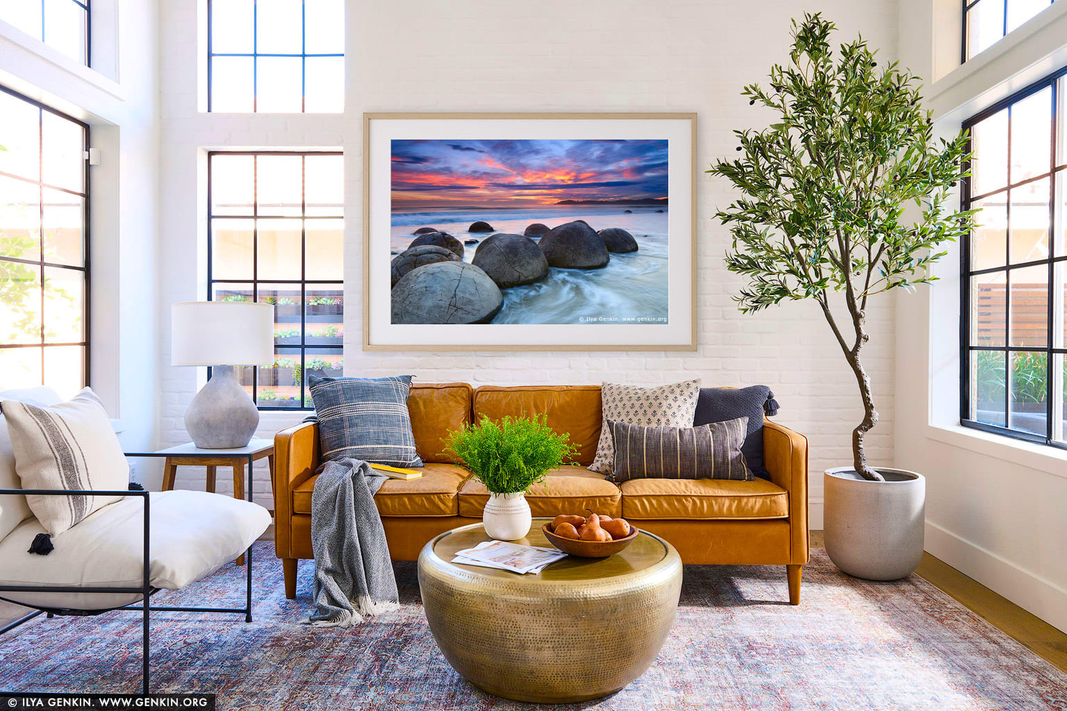 Moeraki Boulders at Sunrise wall art in a minimalist living room interior