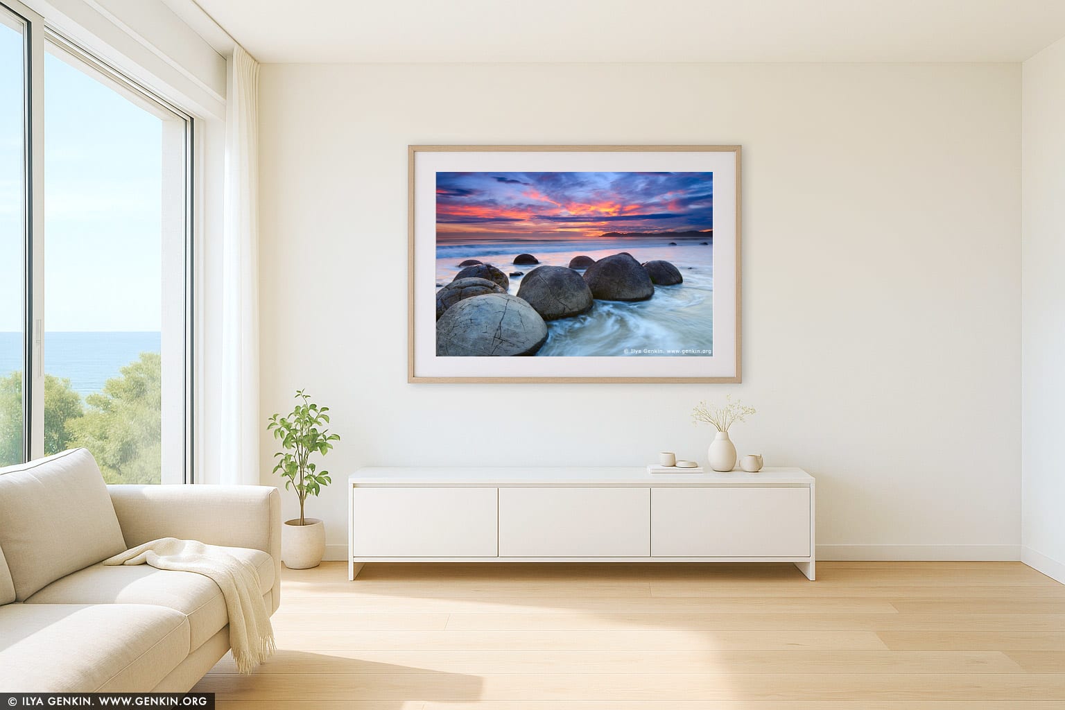 Moeraki Boulders at Sunrise wall art in a minimalist living room interior
