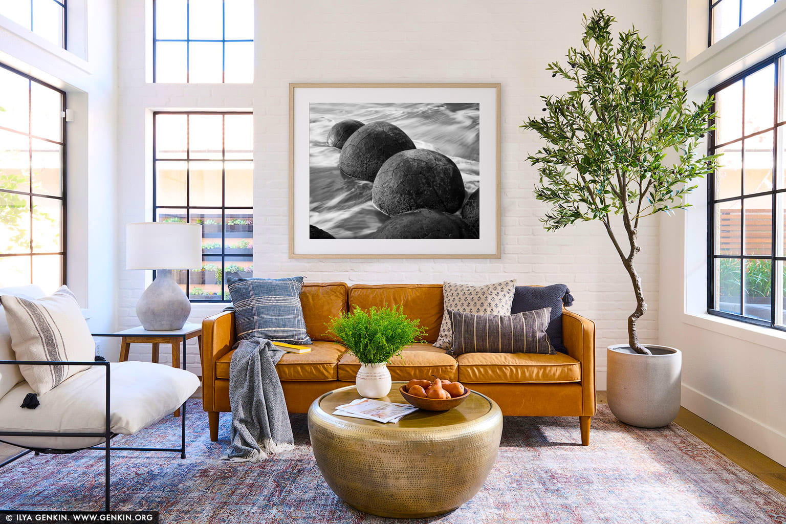 Moeraki Boulders wall art in a modern living room interior